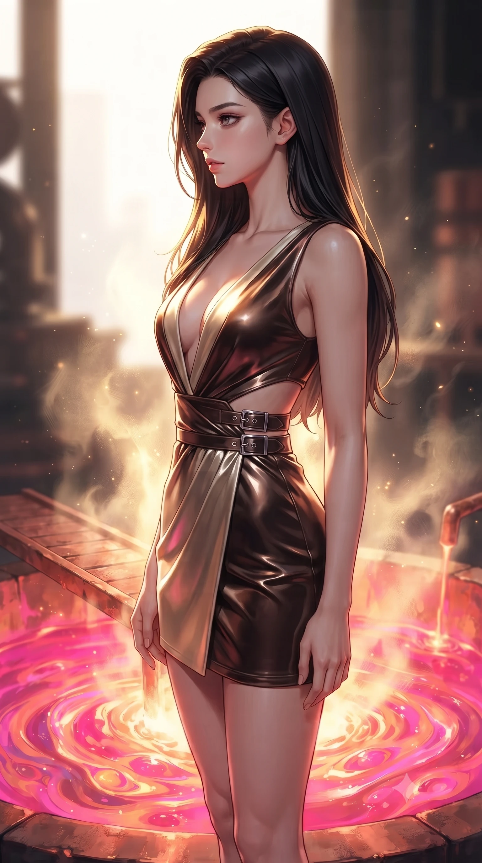 score_9, masterpiece, best quality, ultra-detailed, high-budget anime keyframe, editorial fashion photography, tasteful artistic composition, Korean woman. close-up cowboy shot from the waist and thighs up, the character dominates the composition, filling the frame with her large presence, background elements kept in soft focus. Turning her face in sharp dramatic profile against the bright light, showcasing her sharp v-shaped jawline standing on a copper cat-walk over a glowing vat of molten liquid aurora energy, boiling liquid aurora energy radiating intense hot pink and orange light. She has an exceptionally elegant, slender, and willowy female figure with an ultra-slim waist, a gracefully sculpted slender torso, and a refined silhouette. sharp v-shaped jawline, high-bridge nose, intricate jewel-like eyes with depth, thick eyelashes, glossy lips with a natural sheen. wearing a liquid mercury gloss mini dress with ultra-deep V-neck and waist cutouts in espresso brown and warm cream, made of premium stretch velvet with a rich sheen, detailed with polished silver buckles along the waistline, the elegant draped fit framing her graceful clavicle and slender torso. illuminated by golden steam radiance and dramatic underlighting. ultra-reflective glossy finish, specular highlights, metallic sheen, high-contrast stereoscopic depth, volumetric dynamic lighting, 2k, ultra detail, master piece, 9:16 ratio