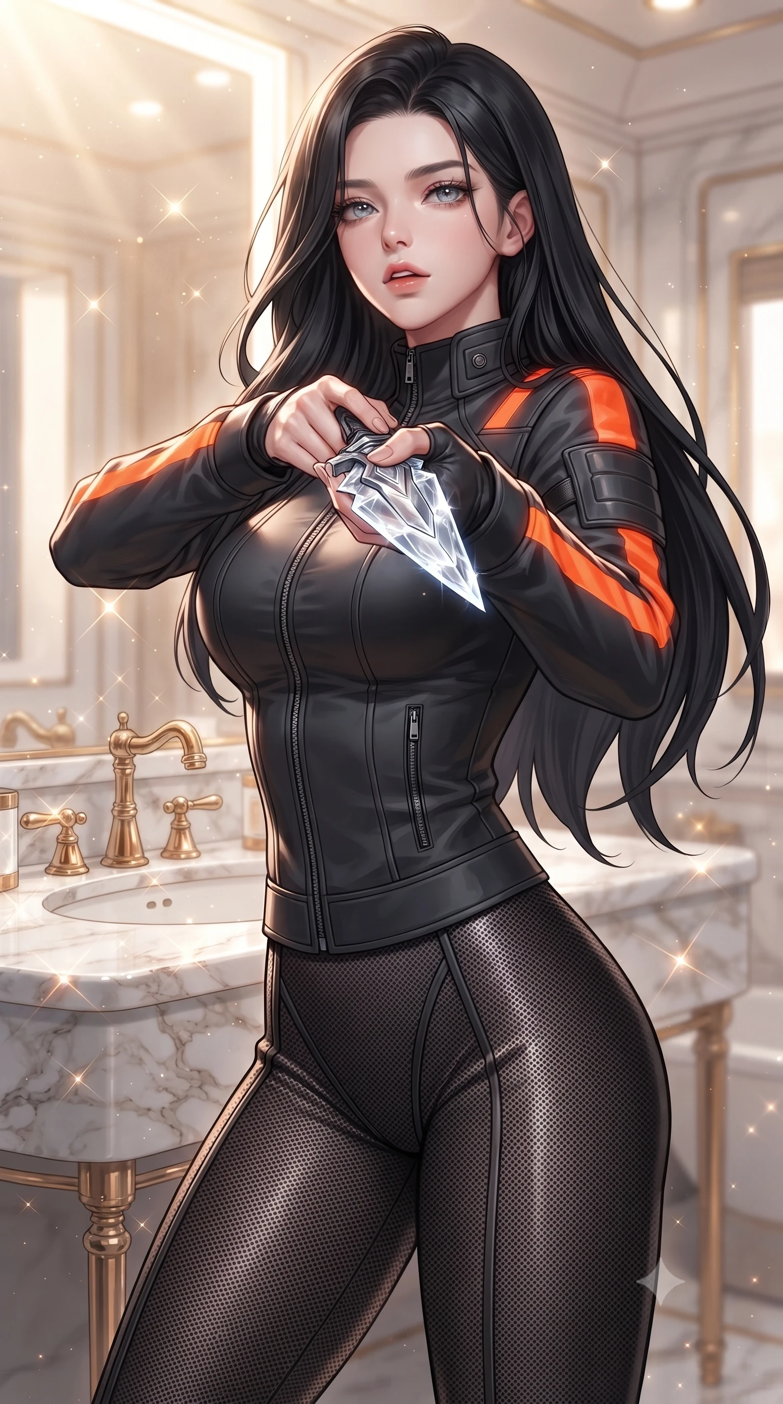 score_9, masterpiece, best quality, ultra-detailed, high-budget anime keyframe, editorial fashion photography, tasteful artistic composition, Korean woman. close-up cowboy shot from the waist and thighs up, the character dominates the composition, filling the frame with her large presence, background elements kept in soft focus. pointing a crystal-edged laser dagger forward in a defensive stance, tilting her chin up slightly with lips parted in a composed pose, the background shows a soft-focus a train suite bedroom with marble bath vanity and gold plumbing fixtures. She has an exceptionally elegant, slender, and willowy female figure with an ultra-slim waist, a gracefully sculpted slender torso, and a refined silhouette. sharp v-shaped jawline, high-bridge nose, intricate jewel-like eyes with depth, thick eyelashes, glossy lips with a natural sheen. wearing a body-hugging heavy polar-combat jacket with neon orange warning stripes, worn over thick carbon-mesh thermal trousers. bright morning sun rays creating sparkling glints on the marble and gold. ultra-reflective glossy finish, specular highlights, metallic sheen, high-contrast stereoscopic depth, volumetric dynamic lighting, 2k, ultra detail, master piece, 9:16 ratio