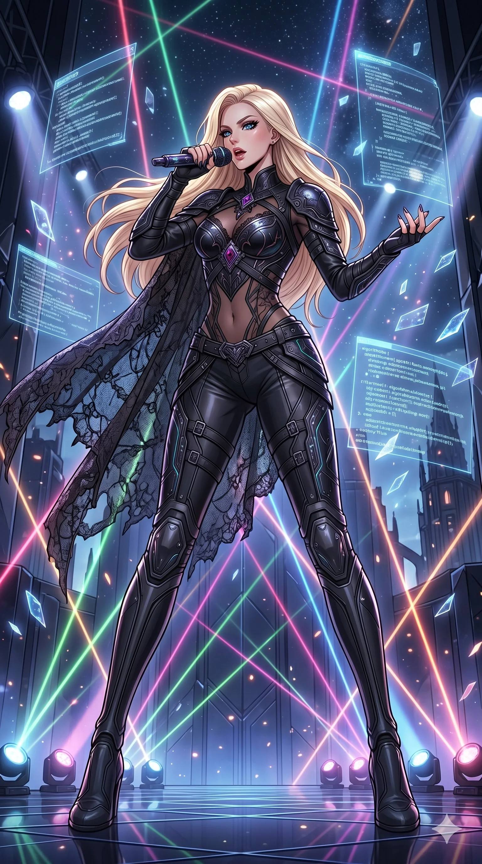 score_9, masterpiece, best quality, ultra-detailed, high-budget anime movie keyframe, cinematic anime lighting, intricate line art, Caucasian (strictly human ears) woman. Low angle cowboy shot filling the entire 9:16 frame with her statuesque presence. singing on a laser stage in a gothic obsidian tower surrounded by floating data-shards. She has an absolutely perfect 8-heads proportion, an exceptionally tall and slender female figure with an ultra-slim waist and impossibly long slender legs. sharp v-shaped jawline, high-bridge nose, intricate jewel-like eyes, thick eyelashes, glossy lips. Wearing dark fantasy gothic leather armor with ornate obsidian plates, a tattered lace cape, and sheer mesh cut-outs at the midriff, exuding a mysterious allure. The scene is illuminated by dramatic atmospheric lighting and vibrant color palettes. , 2k, ultra detail, master piece, 9:16 ratio