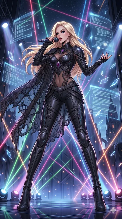score_9, masterpiece, best quality, ultra-detailed, high-budget anime movie keyframe, cinematic anime lighting, intricate line art, Caucasian (strictly human ears) woman. Low angle cowboy shot filling the entire 9:16 frame with her statuesque presenc