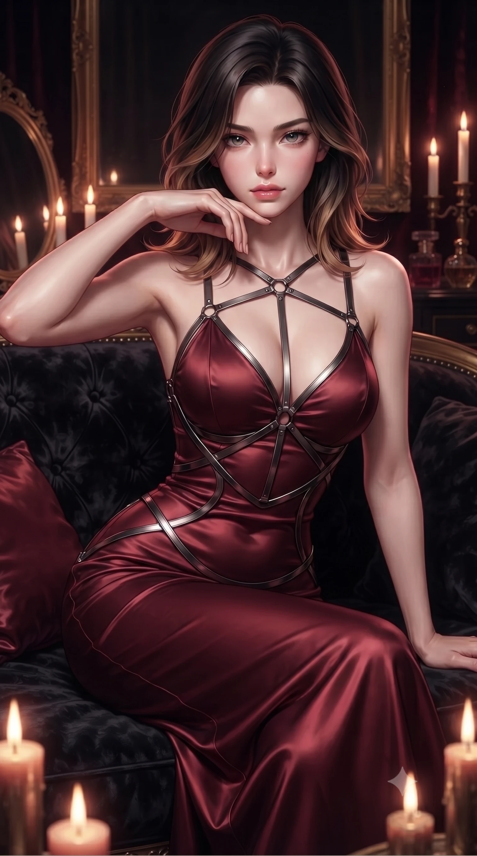 score_9, masterpiece, best quality, ultra-detailed, high-budget anime keyframe, editorial fashion photography, tasteful artistic composition, Korean woman. close-up cowboy shot from the waist and thighs up, the character dominates the composition, filling the frame with her large presence, background elements kept in soft focus. Resting her chin on the backs of her fingers with an air of effortless superiority, resting on a plush crushed black velvet lounge sofa in a private boudoir, subtle golden candlelight flickering against her smooth skin and glossy lips. She has an exceptionally elegant, slender, and willowy female figure with an ultra-slim waist, a gracefully sculpted slender torso, and a refined silhouette. sharp v-shaped jawline, high-bridge nose, intricate jewel-like eyes with depth, thick eyelashes, glossy lips with a natural sheen. wearing form-contouring dark crimson liquid silk long slip dress in dark charcoal gray, made of soft crimson satin, highlighted by a gunmetal metallic harness structure, contouring every curve with an exceptionally elegant silhouette. surrounded by a moody crimson and gold glow with sharp edge highlights. ultra-reflective glossy finish, specular highlights, metallic sheen, high-contrast stereoscopic depth, volumetric dynamic lighting, 2k, ultra detail, master piece, 9:16 ratio