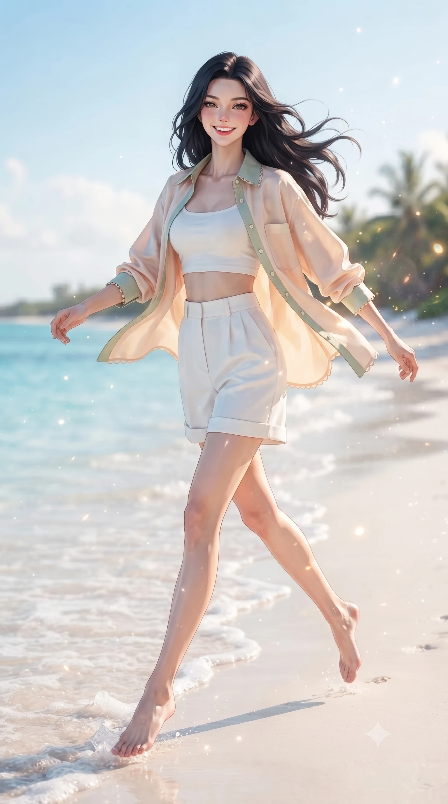 score_9, masterpiece, best quality, ultra-detailed, high-budget anime keyframe, editorial fashion photography, tasteful artistic composition, Korean woman. low angle full-body shot from head to toe showing her feet, filling the entire 9:16 vertical frame with her statuesque presence, stretching her vertical silhouette. leaping with lighthearted youthful energy across the natural path with a dazzling bright smile and balanced athletic poise while stepping barefoot along a pristine white sandy cove as gentle crystalline seafoam laps at the shoreline. The composition keeps background elements in soft focus with creamy bokeh. warm beach sunlight refracting off ocean spray mist scattering shimmering light motes. She has an absolutely perfect, statuesque 8.5-heads proportion, an exceptionally tall and slender model-like female figure with impossibly long slender legs, a toned flat midriff, and an ultra-slim waist. sharp v-shaped jawline, high-bridge nose, intricate jewel-like eyes with depth, thick eyelashes, glossy lips with a natural sheen, pure and lovely fresh girlhood expression, flawlessly proportioned anatomical accuracy, strict slender model proportions, natural body alignment, perfectly sculpted long slender limbs, ultra-slim waistline, clean dynamic posture without body distortion. wearing a lightweight pastel linen button-down shirt paired with tailored high-rise white Bermuda shorts in warm apricot and sage green, crafted from smooth fluid silk satin with a natural gentle sheen, finished with delicate scallop trims and tiny pearl buttons, the soft airy drape swaying gracefully with her dynamic movements, emphasizing her tall willowy build and slim waistline. bathed in brilliant coastal summer sunshine and turquoise ocean water ambient bounce. ultra-reflective glossy finish, specular highlights, rich natural textures, high-contrast stereoscopic depth, volumetric dynamic lighting, 2k, ultra detail, master piece, 9:16 ratio