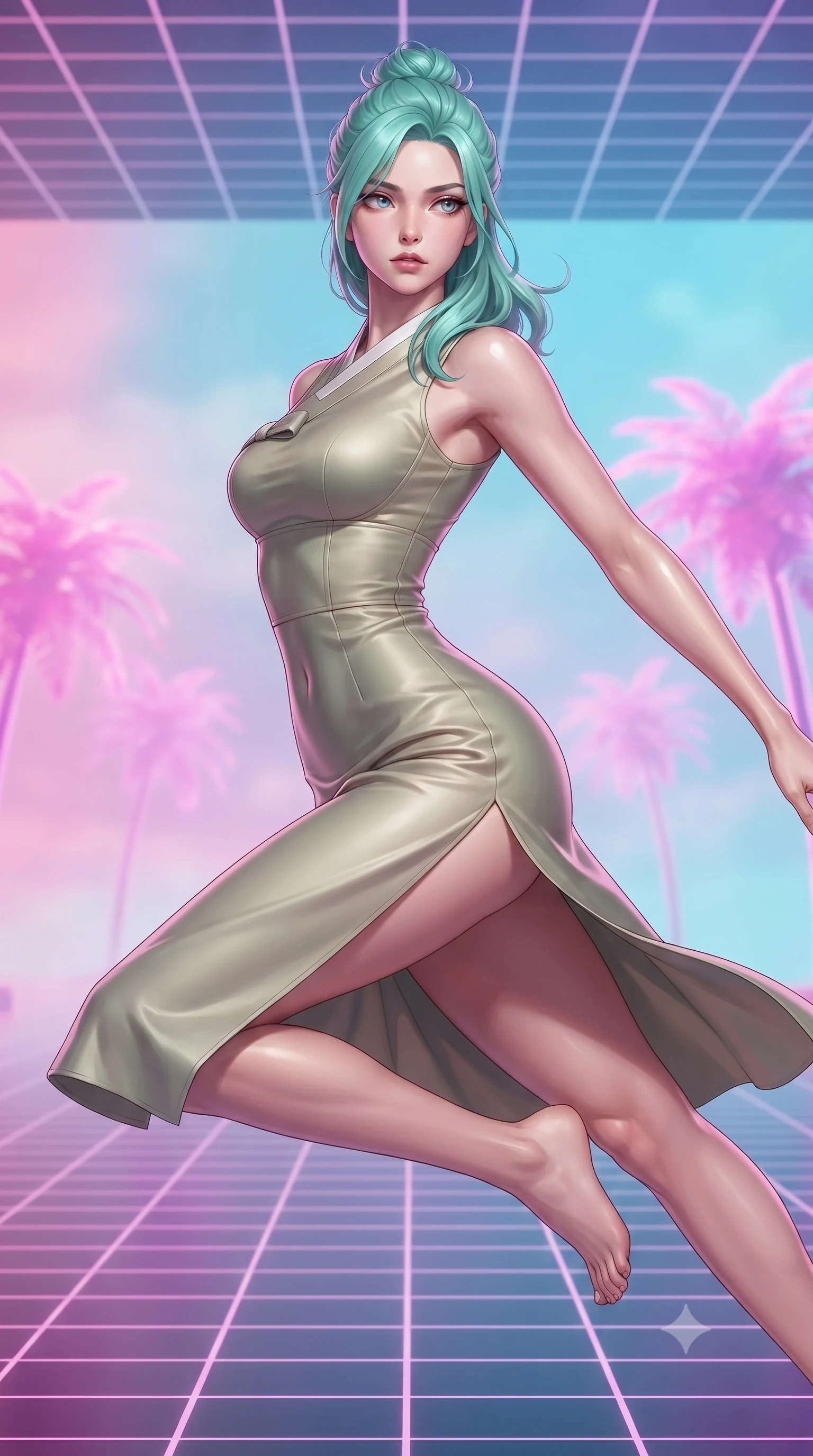 score_9, masterpiece, best quality, ultra-detailed, high-budget anime keyframe, editorial fashion photography, tasteful artistic composition, Japanese woman. close-up cowboy shot from the waist and thighs up, the character dominates the composition, filling the frame with her large presence, background elements kept in soft focus. Gazing past the lens with composed intensity as her torso curves dynamically in mid-motion while leaping across a synthwave grid floor surrounded by lo-fi pink neon palm trees, lo-fi synthwave grid patterns running across floor and ceiling in neon pink. She has an exceptionally elegant, slender, and willowy female figure with an ultra-slim waist, a gracefully sculpted slender torso, and a refined silhouette. sharp v-shaped jawline, high-bridge nose, intricate jewel-like eyes with depth, thick eyelashes, glossy lips with a natural sheen, flawlessly proportioned anatomical accuracy, natural body alignment, perfectly sculpted elegant limbs, clean dynamic posture without body distortion. wearing a modern fusion silk hanbok dress with a structured bodice and flowing skirt in sage green and oatmeal, crafted from smooth liquid silk, finished with a sleek side slit ascending to mid-thigh, the tailored fabric tightly following every curve of her athletic build. surrounded by a dreamlike vaporwave ambiance with smooth gradients. ultra-reflective glossy finish, specular highlights, metallic sheen, high-contrast stereoscopic depth, volumetric dynamic lighting, 2k, ultra detail, master piece, 9:16 ratio
