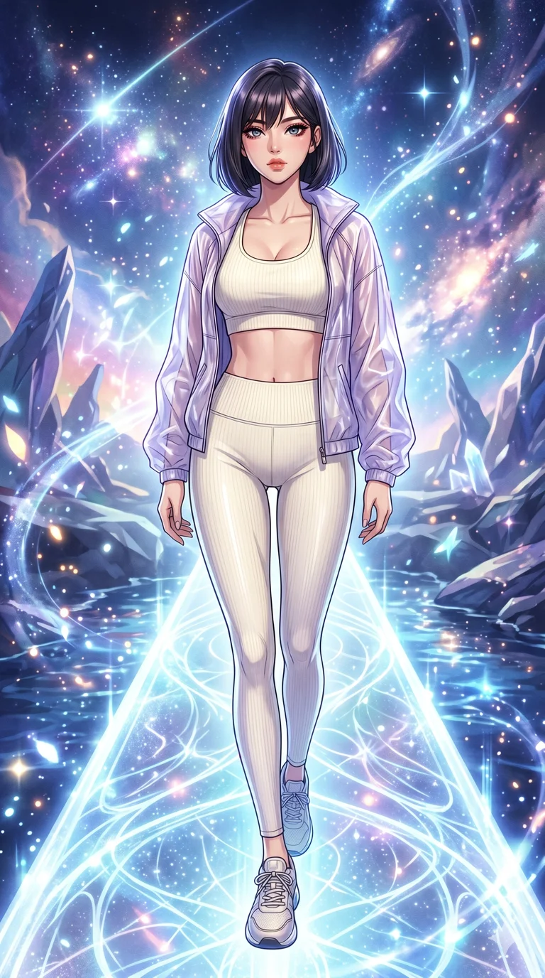 score_9, masterpiece, best quality, ultra-detailed, High-budget Anime Keyframe, beautiful Korean anime girl. Low angle cowboy shot filling the entire 9:16 frame with her overwhelming presence. Standing on a bridge of light over a river of liquid starlight in a cosmic dimension. She has an absolutely perfect 8-heads proportion, an exceptionally tall and slender female figure with impossibly long slender legs and an ultra-slim waist. Sharp v-shaped jawline, high-bridge nose, intricate jewel-like eyes with depth, thick eyelashes, glossy lips with a natural sheen. Wearing a Premium Athleisure outfit: ivory ribbed sports bra and leggings set, sheer windbreaker, sleek high-performance activewear. Background is a bright and colorful environment with cinematic lighting, dynamic particle effects, and high-contrast shadows. 2k, ultra detail, master piece, 9:16 ratio