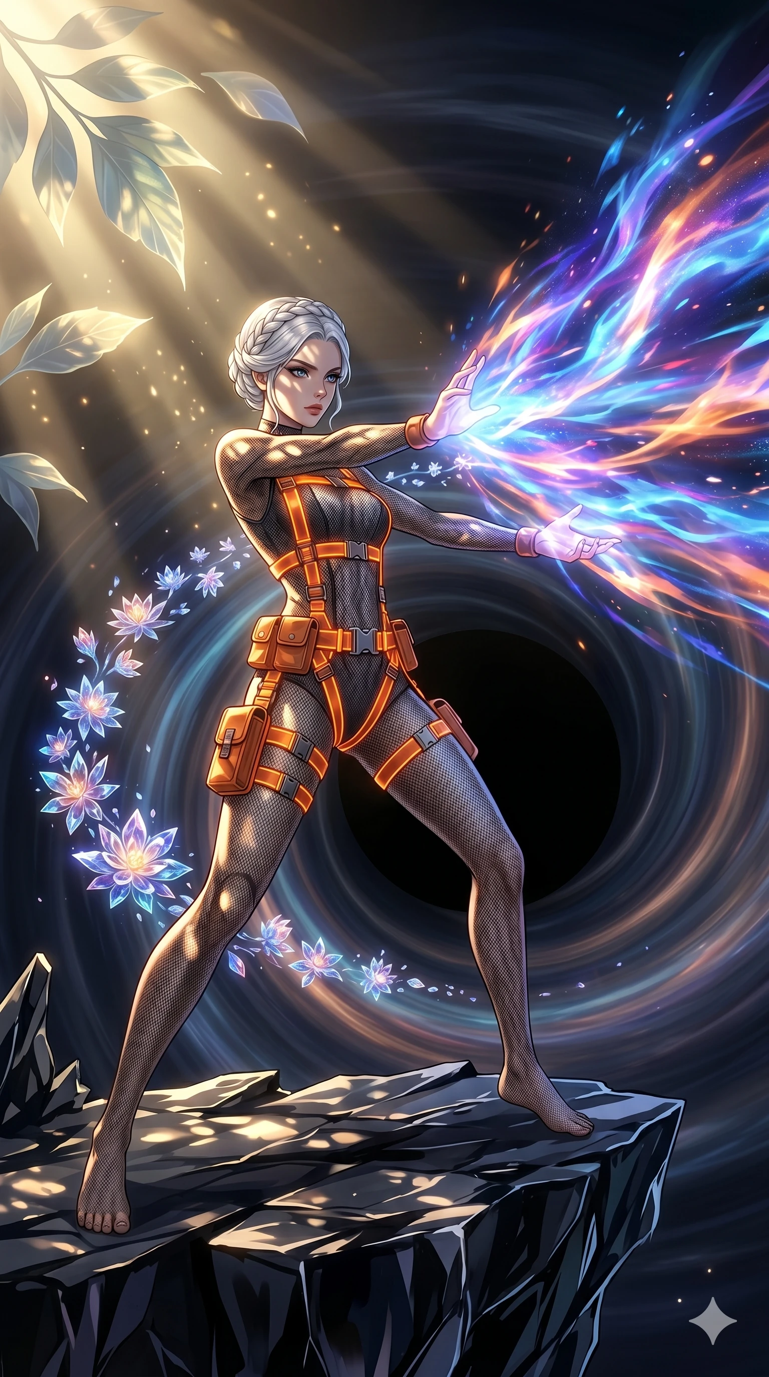 score_9, masterpiece, best quality, ultra-detailed, Set A: High-budget Anime Keyframe, Japanese woman. Low angle cowboy shot filling the entire 9:16 frame with her statuesque presence. Theme: Historical Remix. unleashing a massive energy wave in the edge of a black hole, while she leaves a trail of 26 blooming crystal flowers. The atmosphere is filled with cinematic sunlight through leaves. She has an absolutely perfect 8-heads proportion, an exceptionally tall and slender female figure with impossibly long slender legs and an ultra-slim waist. Sharp v-shaped jawline, high-bridge nose, intricate jewel-like eyes with depth, glossy lips. Wearing Industrial worker-chic with a glowing orange harness over a mesh bodysuit. Cinematic lighting, vivid colors, dramatic shadows, 2k, ultra detail, master piece, 9:16 ratio