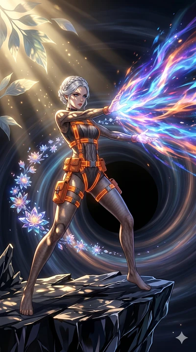 score_9, masterpiece, best quality, ultra-detailed, Set A: High-budget Anime Keyframe, Japanese woman. Low angle cowboy shot filling the entire 9:16 frame with her statuesque presence. Theme: Historical Remix. unleashing a massive energy wave in the 