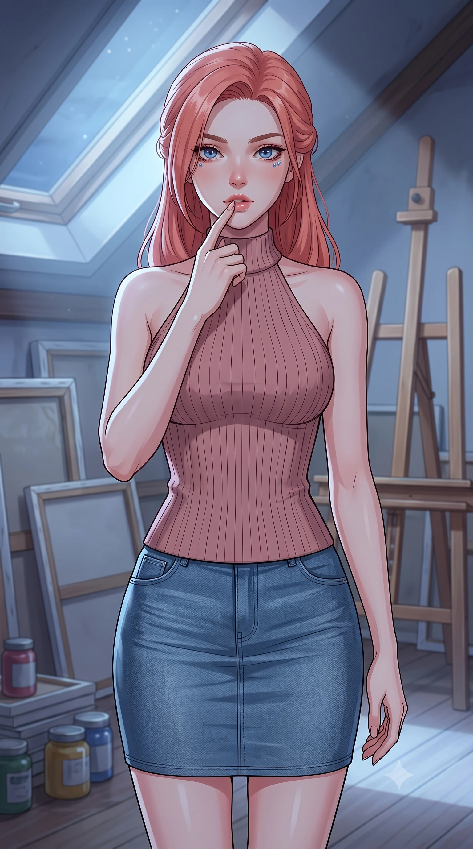 score_9, masterpiece, best quality, ultra-detailed, high-budget anime keyframe, tasteful artistic composition, Japanese woman. close-up cowboy shot from the waist and thighs up, the character dominates the composition, filling the frame with her large presence, background elements kept in soft focus. pressing one finger to her bottom lip in a thoughtful, seductive gesture under the warm sun the background shows a soft-focus an artist's attic studio filled with canvases, paint jars, and a wooden easel near a skylight. She has an exceptionally elegant, slender, and willowy female figure with an ultra-slim waist, a gracefully sculpted slender torso, and a refined silhouette. sharp v-shaped jawline, high-bridge nose, intricate jewel-like eyes with depth, thick eyelashes, glossy lips with a natural sheen. wearing a tailored form-fitting ribbed knit halter top in dusty rose, paired with a tight-fitting denim skirt. cool silver moonlight filtering through the skylight, painting the canvas in a soft wash. highly saturated vibrant anime colors, cel-shading, 2d style, master piece, 9:16 ratio