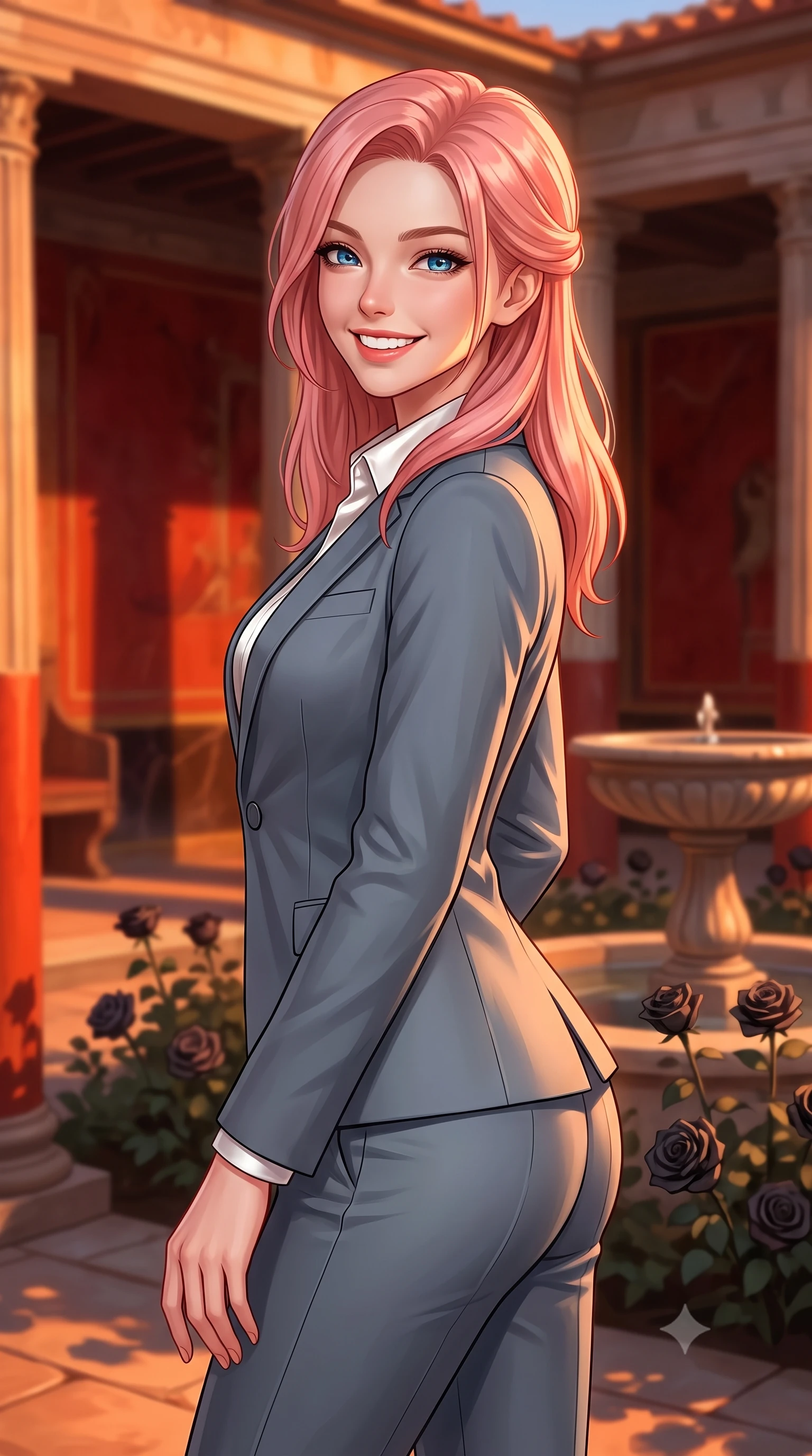 score_9, masterpiece, best quality, ultra-detailed, high-budget anime keyframe, editorial fashion photography, tasteful artistic composition, Japanese woman. close-up cowboy shot from the waist and thighs up, the character dominates the composition, filling the frame with her large presence, background elements kept in soft focus. Looking over her shoulder with a bright, welcoming smile and happy eyes. set against a soft-focus background of inside a preserved Roman villa courtyard with red frescoed walls and columns, with rare volcanic ash roses blooming around a stone fountain. She has an exceptionally elegant, slender, and willowy female figure with a highly-defined ultra-slim waist, a gracefully sculpted slender torso, and a refined slim-fit silhouette that contours her form. sharp v-shaped jawline, high-bridge nose, intricate jewel-like eyes with depth, thick eyelashes, glossy lips with a natural sheen. wearing a sleek tailored slim-fit slate grey pantsuit with a single button, worn over a white satin blouse. warm low-angle sunset casting a deep orange and amber glow, highlighting the rich red walls and casting long dramatic shadows. 2k, ultra detail, master piece, 9:16 ratio