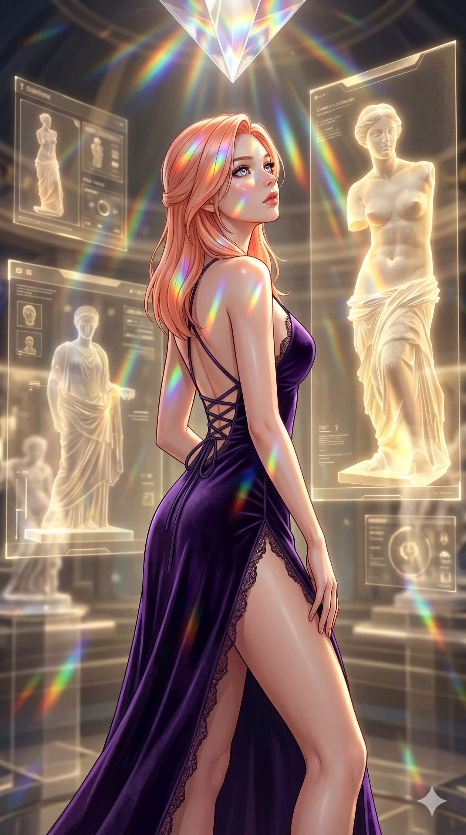 score_9, masterpiece, best quality, ultra-detailed, high-budget anime keyframe, editorial fashion photography, tasteful artistic composition, Japanese woman. cowboy shot from the thighs up, character and outfit filling the frame for maximum editorial presence. Glancing upward with a thoughtful, dreamy expression, the light catching her glossy lips within a digital sanctuary where holographic statues cast soft golden lighting. She has an absolutely perfect 8-heads proportion, an exceptionally tall and slender female figure with impossibly long slender legs and an ultra-slim waist. V-shaped jawline, high-bridge nose, intricate jewel-like eyes with depth, thick eyelashes, glossy lips with a natural sheen. wearing a dark violet velvet evening gown with a dramatically open back and a high front slit revealing long legs. illuminated by refracted rainbow light from a crystal prism overhead, coloring her face and outfit. 2k, ultra detail, master piece, 9:16 ratio