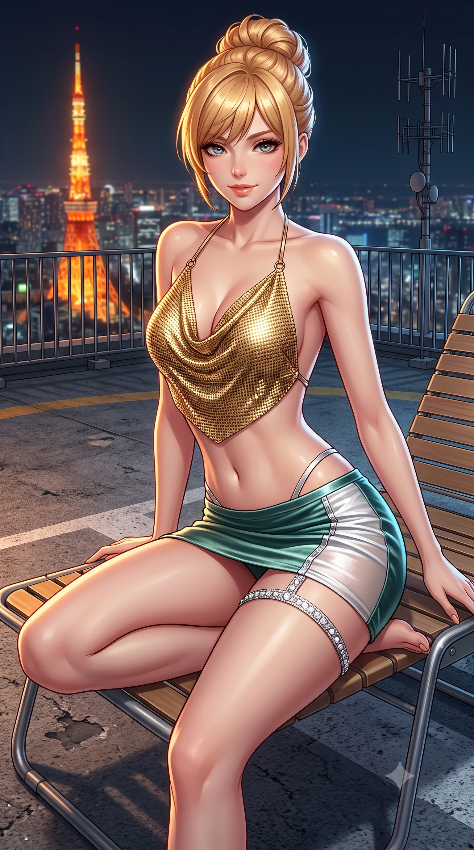 score_9, masterpiece, best quality, ultra-detailed, high-budget anime keyframe, semi-realistic 3D game render, editorial fashion photography, tasteful artistic composition, Caucasian woman. close-up cowboy shot from the waist and thighs up, the character dominates the composition, filling the frame with her large presence. perched sideways on the lounge seat, one knee drawn up to showcase her slender leg line while her arched back accentuates her feminine hip curve while lounging on an outdoor retro deck chair propped on one elbow, her flat midriff and long slender limbs framed by the glittering city. The surrounding environment is rendered in vivid detail and crisp panoramic clarity: sharp concrete helipad surface texture, metal perimeter railing, and distant telecommunications antenna clarity in deep focus. She has an exceptionally elegant, slender, and willowy female figure with an ultra-slim waist, flat toned midriff, narrow ribcage, and sculpted feminine hips creating an alluring, slim hourglass silhouette without bulk. sharp v-shaped jawline, high-bridge nose, sparkling eyes with hypnotic seductive depth, thick curled eyelashes, glossy parted lips with a natural dewy peach sheen, alluring bedroom-eyes with an enchanting coquettish smile, exuding magnetic siren charisma and sophisticated glamour, flawlessly proportioned anatomical accuracy, strict slender model proportions, natural body alignment, perfectly sculpted long slender limbs, ultra-slim waistline, clean dynamic posture without body distortion. wearing a liquid gold chainmail cowl halter top paired with an ultra-low-rise velvet mini skirt in moonlit jade green and pure alabaster white with silver accents, made of semi-opaque stretch illusion mesh with soft shadowy contours, accented with a delicate crystal-encrusted thigh garter strap glinting under the lights, the form-contouring silhouette accentuating her sculpted flat midriff, narrow delicate ribcage, and gracefully curvy hips with intoxicating allure. bathed in the warm orange radiance of Tokyo Tower mixed with cool metropolitan night ambient fill. highly saturated vibrant anime colors, detailed shading with soft gradients, rich glossy textures, high-contrast stereoscopic depth, volumetric dynamic lighting, master piece, 9:16 ratio