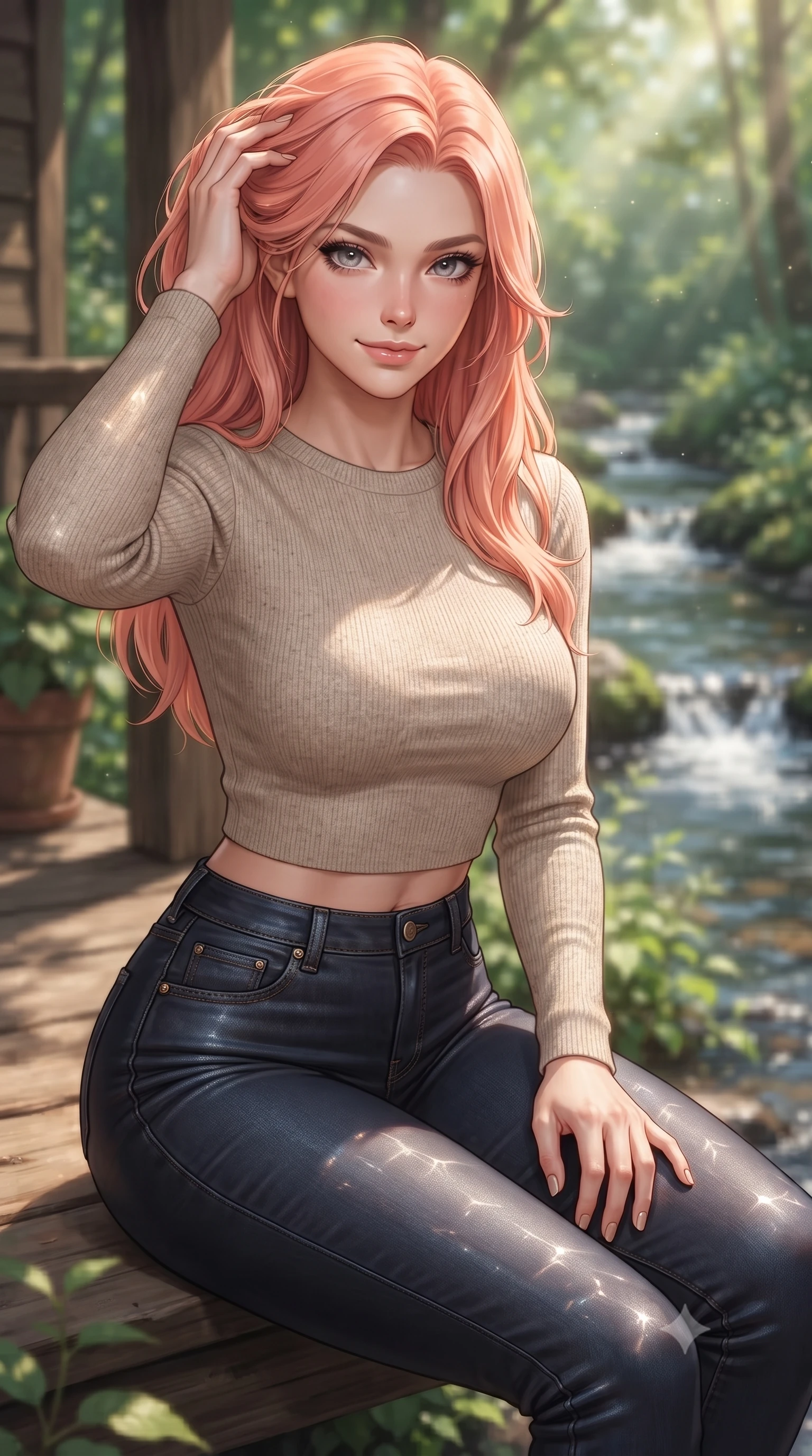 score_9, masterpiece, best quality, ultra-detailed, high-budget anime keyframe, editorial fashion photography, tasteful artistic composition, Japanese woman woman. close-up cowboy shot from the waist and thighs up, the character dominates the composition, filling the frame with her large presence, background elements kept in soft focus. smiling with quiet, magnetic self-assurance directly into the camera, running a hand through her hair the background shows a soft-focus a cozy cottage porch beside a bubbling forest stream with clear running water. She has an exceptionally elegant, slender, and willowy female figure with an ultra-slim waist, a gracefully sculpted slender torso, and a refined silhouette. sharp v-shaped jawline, high-bridge nose, intricate jewel-like eyes with depth, thick eyelashes, glossy lips with a natural sheen. wearing a body-hugging tight-fitting crop sweater in oatmeal wool, paired with high-waisted form-fitting pants. dappled sunbeams reflecting off the moving water surface onto her form. ultra-reflective glossy finish, specular highlights, metallic sheen, high-contrast stereoscopic depth, volumetric dynamic lighting, 2k, ultra detail, master piece, 9:16 ratio