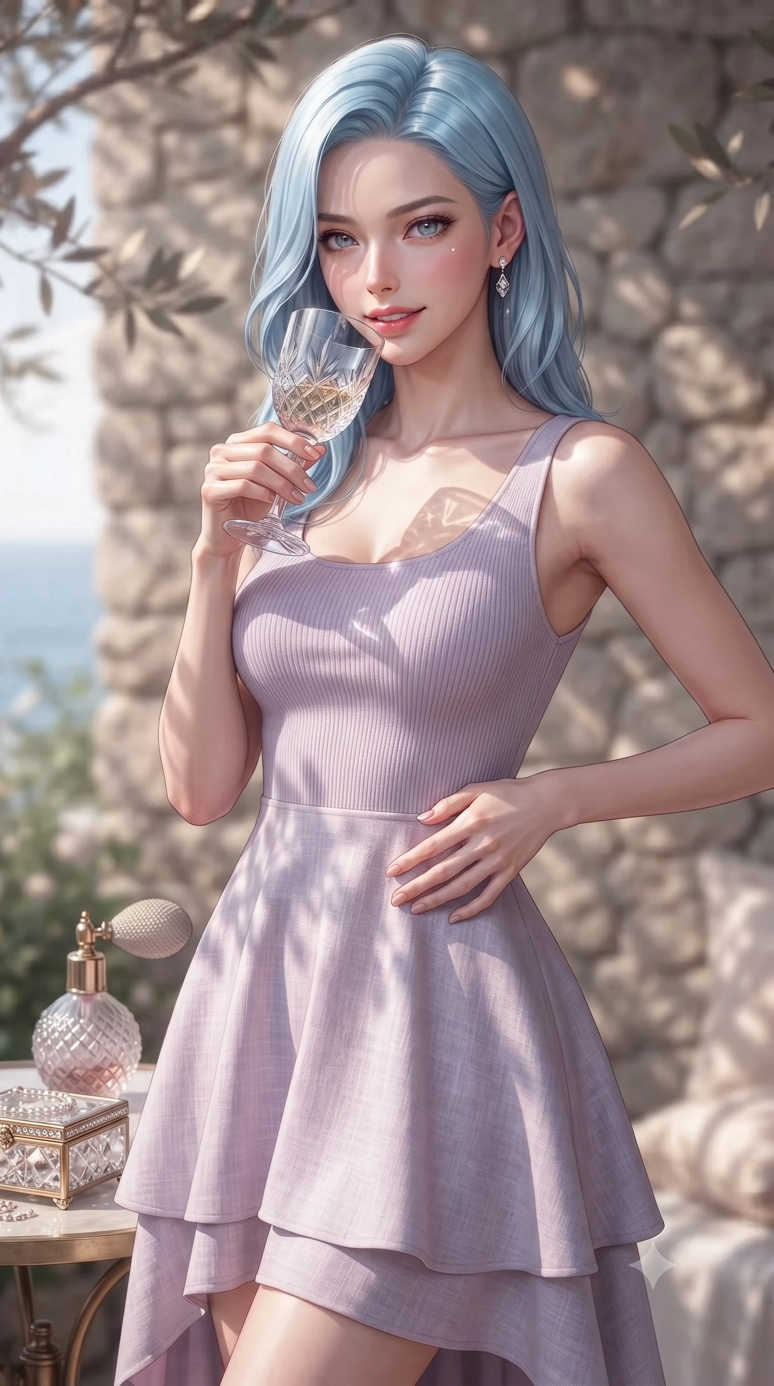 score_9, masterpiece, best quality, ultra-detailed, high-budget anime keyframe, editorial fashion photography, tasteful artistic composition, Korean woman. close-up cowboy shot from the waist and thighs up, the character dominates the composition, filling the frame with her large presence, background elements kept in soft focus. resting one hand on her ultra-slim waist while holding a crystal wine glass near her lips with an alluring smile set against a soft-focus background of inside an exclusive coastal veranda with a vintage perfume atomizer and crystal jewelry box reflecting soft light. She has an exceptionally elegant, slender, and willowy female figure with an ultra-slim waist, a gracefully sculpted slender torso, and a refined silhouette. sharp v-shaped jawline, high-bridge nose, intricate jewel-like eyes with depth, thick eyelashes, glossy lips with a natural sheen. wearing tailored pale lavender ribbed cashmere flowy linen sundress with a comfortable tiered skirt silhouette featuring refined tailored seams. highlighted by dappled sunlight filtering through leafy branches, creating soft organic patterns. ultra-reflective glossy finish, specular highlights, metallic sheen, high-contrast stereoscopic depth, volumetric dynamic lighting, 2k, ultra detail, master piece, 9:16 ratio