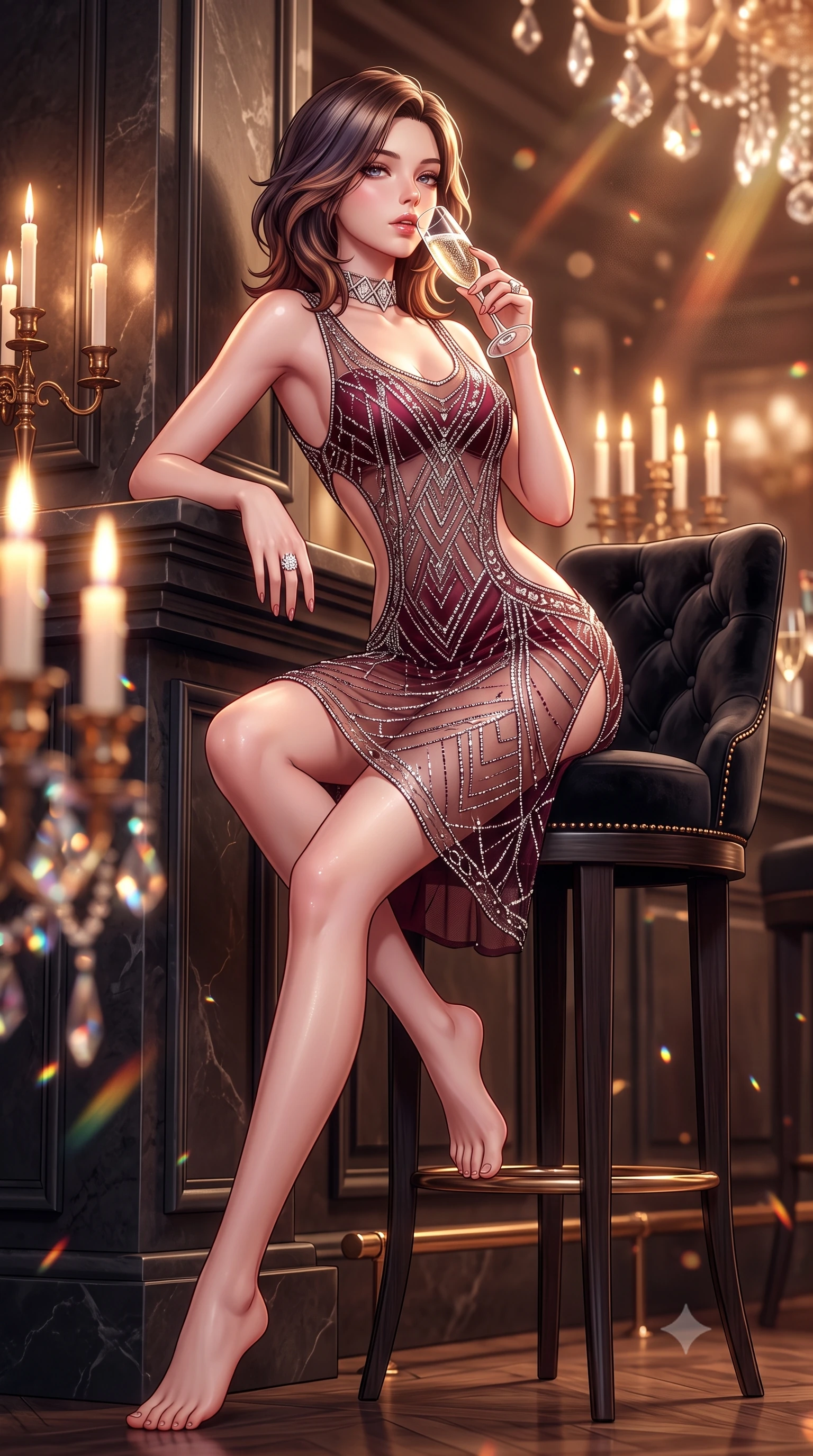score_9, masterpiece, best quality, ultra-detailed, high-budget anime keyframe, semi-realistic 3D game render, editorial fashion photography, tasteful artistic composition, Korean woman. low angle full-body shot from head to toe showing her feet, filling the entire 9:16 vertical frame with her statuesque presence, stretching her vertical silhouette. leaning deep against the structural architecture with hips cocked in an unapologetically bold, seductive high-fashion stance while sitting high on a tufted black velvet barstool with legs crossed, arching her lower back while holding a crystal champagne flute to her lips. The composition keeps background elements in soft focus with creamy bokeh. flickering candelabra flames and cut crystal glass refractions scattering warm decadent light motes. She has an absolutely perfect, statuesque 8.5-heads proportion, an exceptionally tall and slender model-like female figure with impossibly long slender legs, a toned flat midriff, an ultra-slim waist, and beautifully sculpted feminine hips. sharp v-shaped jawline, high-bridge nose, intricate jewel-like eyes with depth, thick eyelashes, glossy parted lips with a natural sheen, intensely captivating and seductive bedroom-eyes expression, flawlessly proportioned anatomical accuracy, strict slender model proportions, natural body alignment, perfectly sculpted long slender limbs, ultra-slim waistline, clean dynamic posture without body distortion. wearing a sheer vintage mesh flapper dress adorned with intricate geometric beadwork over a silk slip in wine burgundy and shimmering silver, tailored from ultra-smooth duchess satin with a pearlescent sheen, complemented by a bold geometric diamond choker and glittering cocktail ring, the precision-cut side openings and low-back scoop framing her graceful spine and the sensual sweep of her hips. surrounded by an opulent, scandalous, and irresistibly intoxicating jazz-age siren aura. highly saturated vibrant anime colors, detailed shading with soft gradients, rich glossy textures, high-contrast stereoscopic depth, volumetric dynamic lighting, master piece, 9:16 ratio