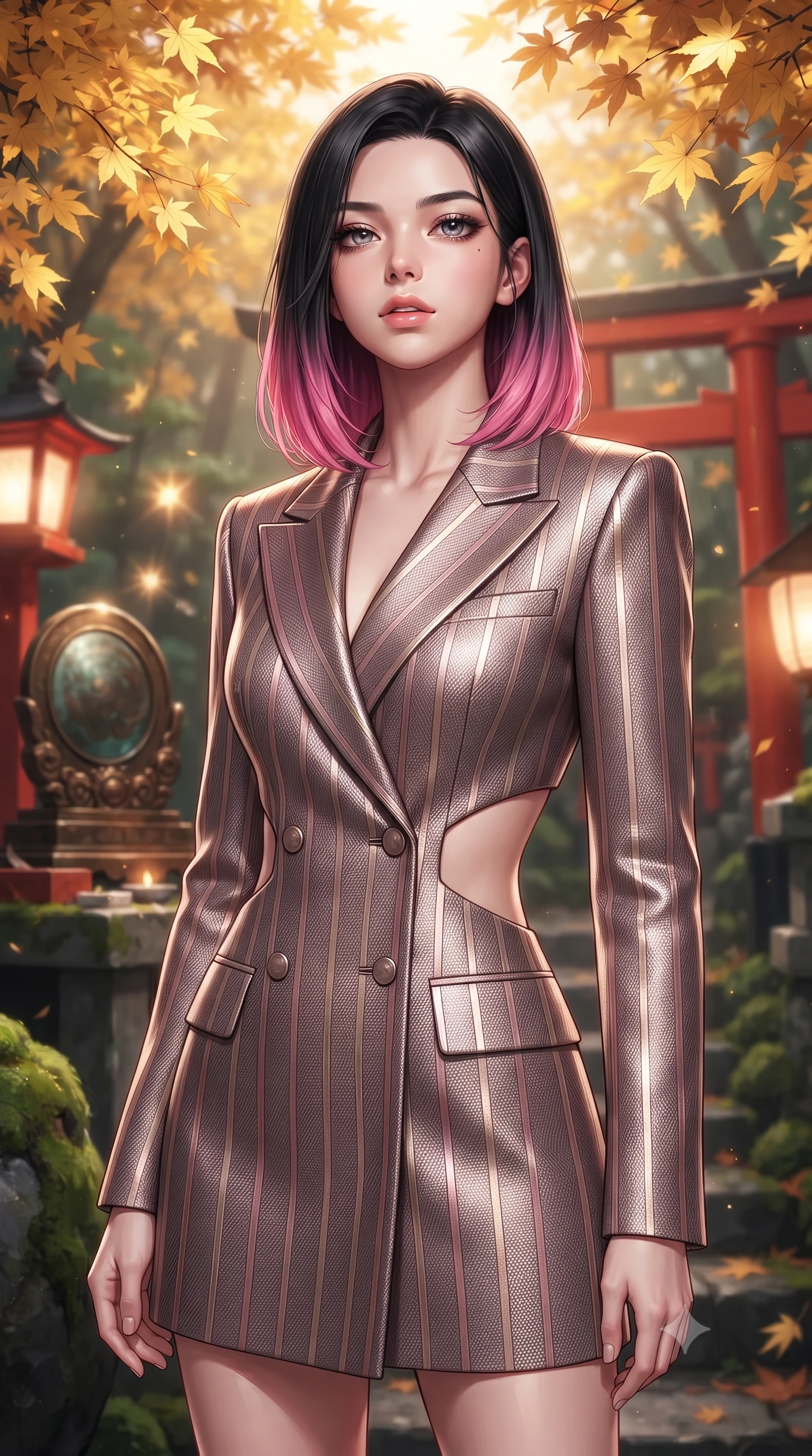 score_9, masterpiece, best quality, ultra-detailed, high-budget anime keyframe, editorial fashion photography, tasteful artistic composition, Korean woman. close-up cowboy shot from the waist and thighs up, the character dominates the composition, filling the frame with her large presence, background elements kept in soft focus. Tilting her chin up slightly with lips parted in a magnetic, composed expression resting near a sacred mirror altar under a canopy of golden autumn maple leaves, vivid red vermilion torii gates contrasting with deep green moss stone. She has an exceptionally elegant, slender, and willowy female figure with an ultra-slim waist, a gracefully sculpted slender torso, and a refined silhouette. sharp v-shaped jawline, high-bridge nose, intricate jewel-like eyes with depth, thick eyelashes, glossy lips with a natural sheen. wearing a double-breasted blazer dress with metallic pin-stripes in dusty rose and champagne gold, made of fine carbon-fiber weave and soft matte leather, featuring clean architectural cutouts along her slender torso, the form-contouring material highlighting her ultra-slim waist and long lines. illuminated by soft glowing paper lantern light and warm sunbursts. highly saturated vibrant anime colors, detailed shading with soft gradients, rich glossy textures, high-contrast stereoscopic depth, volumetric dynamic lighting, master piece, 9:16 ratio