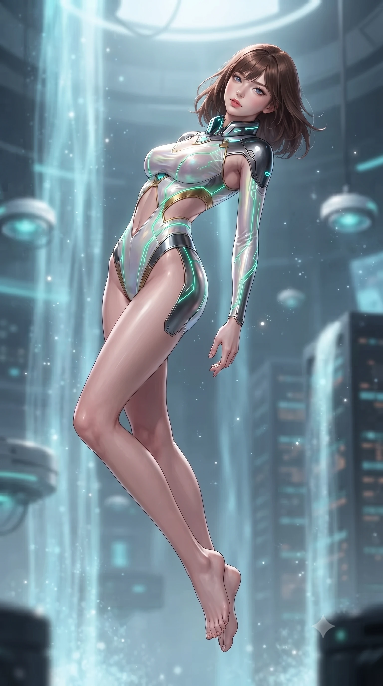 score_9, masterpiece, best quality, ultra-detailed, high-budget anime keyframe, editorial fashion photography, tasteful artistic composition, Korean woman. low angle full-body shot from head to toe showing her feet, filling the entire 9:16 vertical frame with her statuesque presence, stretching her vertical silhouette. arching her spine in a fluid zero-gravity turn with sovereign grace, her long slender legs and sculpted torso creating a sweeping line while floating weightlessly in the heart of a quantum supercomputer chamber surrounded by cascading bioluminescent fiber-optic waterfalls. The composition keeps background elements in soft focus with creamy bokeh. supercomputer processor towers and hovering cryo-nodes softened in dreamy atmospheric depth. She has an absolutely perfect, statuesque 8.5-heads proportion, an exceptionally tall and slender model-like female figure with impossibly long slender legs, a toned flat midriff, and an ultra-slim waist. sharp v-shaped jawline, high-bridge nose, intricate jewel-like eyes with depth, thick eyelashes, glossy lips with a natural sheen, flawlessly proportioned anatomical accuracy, strict slender model proportions, natural body alignment, perfectly sculpted long slender limbs, ultra-slim waistline, clean dynamic posture without body distortion. wearing a second-skin white-and-gold high-fashion tech-bodysuit with diagonal midriff cutouts and glowing cyan fiber seams in radiant emerald green circuit lines and polished silver sheen, crafted from delicate iridescent organza interwoven with luminescent micro-fibers, featuring a sleek aerodynamic collar framed by subtle glowing cybernetic accents, the precision-cut daring openings accentuating her delicate midriff, graceful bare collarbones, and ultra-slim feminine waistline. surrounded by an omniscient, divine, and radiantly transcendent digital muse aura. ultra-reflective glossy finish, specular highlights, dark metallic sheen, high-contrast stereoscopic depth, volumetric dynamic lighting, 2k, ultra detail, master piece, 9:16 ratio