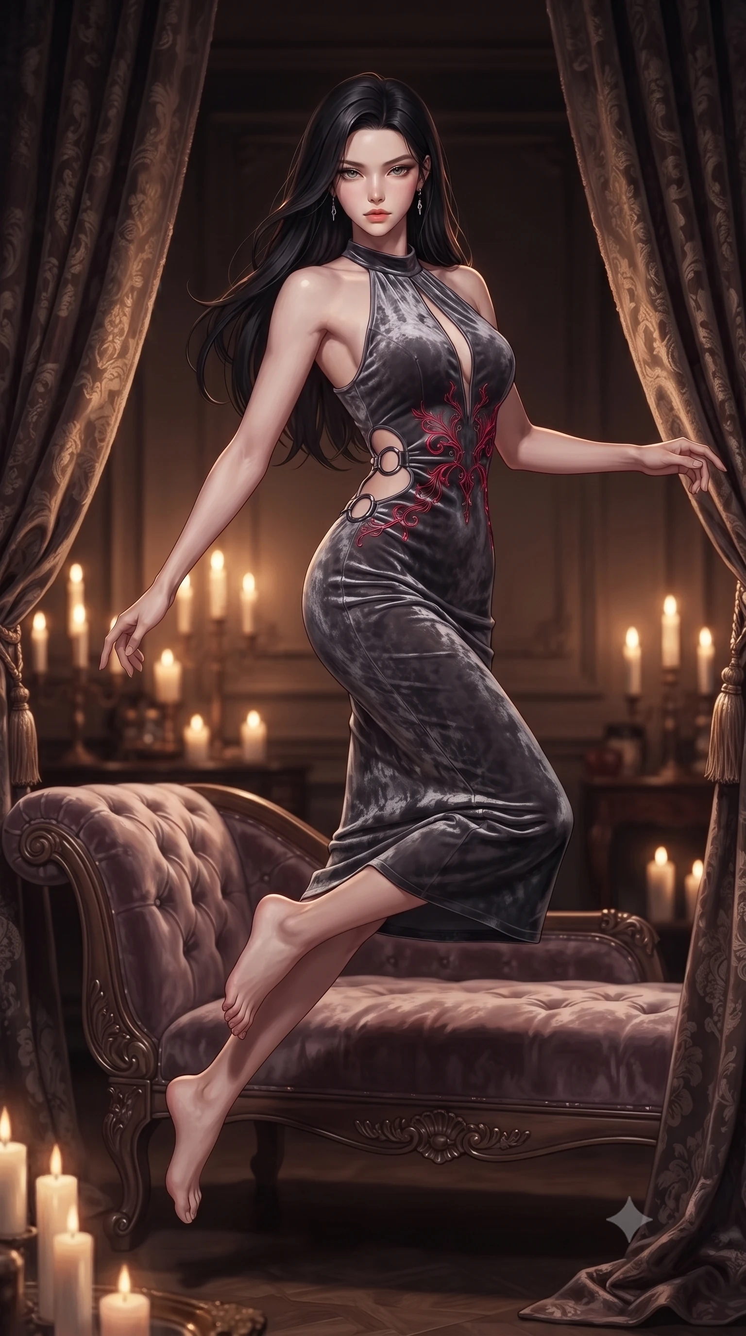 score_9, masterpiece, best quality, ultra-detailed, high-budget anime keyframe, editorial fashion photography, tasteful artistic composition, Korean woman. low angle full-body shot from head to toe showing her feet, filling the entire 9:16 vertical frame with her statuesque presence, stretching her vertical silhouette. performing an alluring mid-air vault with flawless poise, looking directly into the camera with smoldering, predatory intensity while pivoting dynamically beside heavy brocade velvet drapes as warm candlelight casts dancing S-curve shadows on her torso. The composition keeps background elements in soft focus with creamy bokeh. warm candle flames scattering soft, romantic golden glow across a dark interior backdrop. She has an absolutely perfect, statuesque 8.5-heads proportion, an exceptionally tall and slender model-like female figure with impossibly long slender legs, a toned flat midriff, and an ultra-slim waist. sharp v-shaped jawline, high-bridge nose, intricate jewel-like eyes with depth, thick eyelashes, glossy lips with a natural sheen, flawlessly proportioned anatomical accuracy, strict slender model proportions, natural body alignment, perfectly sculpted long slender limbs, ultra-slim waistline, clean dynamic posture without body distortion. wearing a velvet halter-neck midi dress fitting her statuesque contour flawlessly with a Tasteful chest slit and open spine in smoky charcoal grey and glowing crimson filaments, made of rich crushed velvet that catches deep directional light with soft gradients, detailed with polished gunmetal rings connecting the daring side-waist cutouts, the sleek second-skin cut tightly hugging her graceful clavicle, narrow waist, and feminine curves with athletic precision. surrounded by an opulent, decadent, and intensely seductive private boudoir atmosphere. ultra-reflective glossy finish, specular highlights, dark metallic sheen, deep chiaroscuro contrast, volumetric dynamic shadow lighting, 2k, ultra detail, master piece, 9:16 ratio