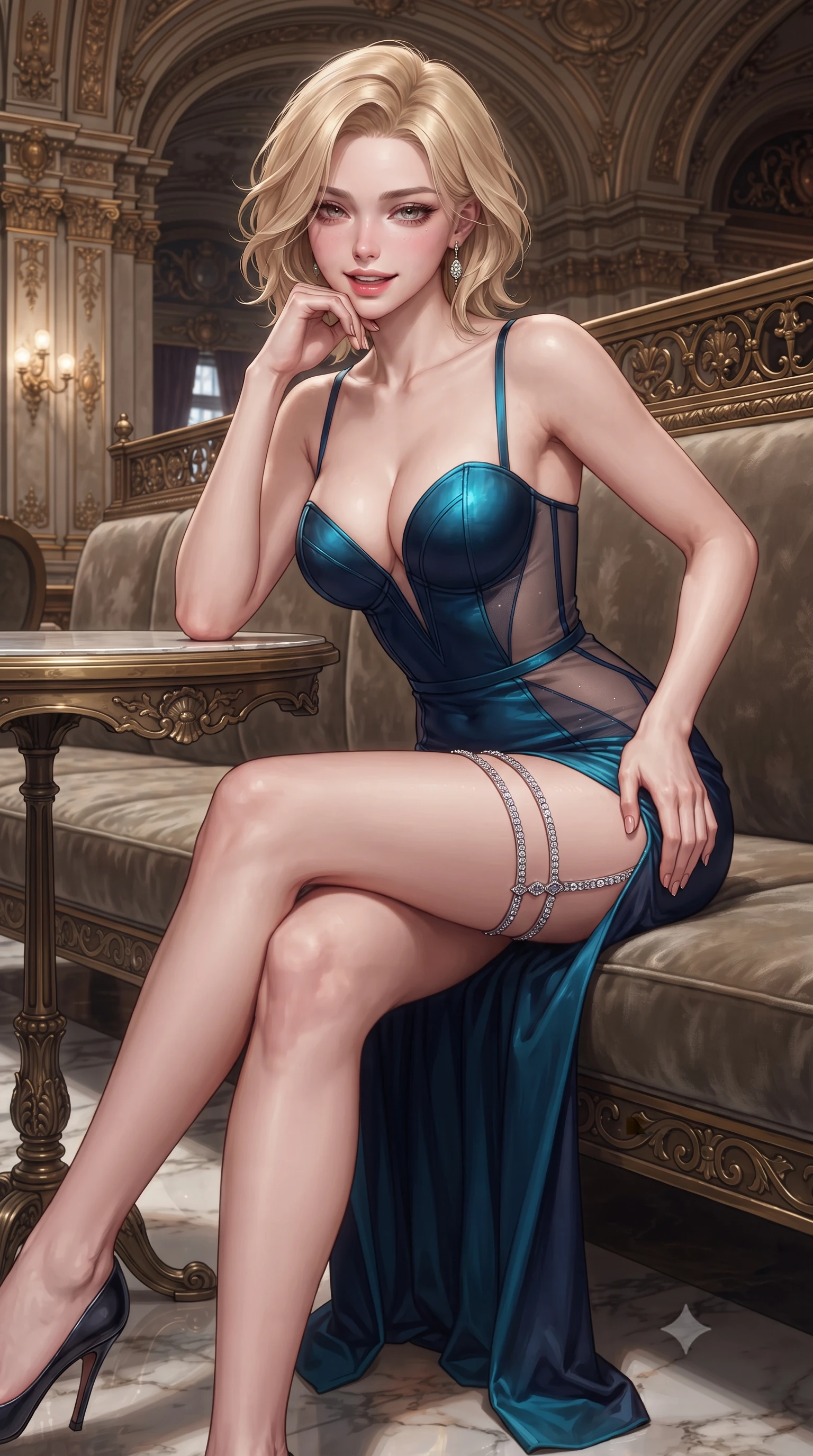 score_9, masterpiece, best quality, ultra-detailed, high-budget anime keyframe, editorial fashion photography, tasteful artistic composition, Caucasian woman. close-up cowboy shot from the waist and thighs up, the character dominates the composition, filling the frame with her large presence. resting one elbow on the table and supporting her chin, leaning close to the camera with heavy-lidded sparkling eyes and parted lips while sitting poised on the plush velvet banquette with legs crossed, running one manicured hand slowly down her hip with magnetic charm. The surrounding environment is rendered in vivid detail and crisp panoramic clarity: detailed outfit texture, fine fabric drape, and historic Habsburg civic craft in high resolution. She has an exceptionally elegant, slender, and willowy female figure with an ultra-slim waist, flat toned midriff, narrow ribcage, and sculpted feminine hips creating an alluring, slim hourglass silhouette without bulk. sharp v-shaped jawline, high-bridge nose, intricate jewel-like sparkling eyes with depth, thick eyelashes, glossy parted lips with a natural peach sheen, bright cheerful beaming smile with an enchanting and coquettish sensual glint, exuding both youthful cute charm and seductive allure, flawlessly proportioned anatomical accuracy, strict slender model proportions, natural body alignment, perfectly sculpted long slender limbs, ultra-slim waistline, clean dynamic posture without body distortion. wearing an alluring plunging sweetheart bustier dress with sheer mesh side-waist cutouts contouring her ribs in Singapore Marina Bay electric cyan and midnight sapphire, featuring strategic sheer-illusion tulle side panels framing her ribcage and hips, finished with delicate crystal-encrusted thigh garter straps glinting in the dim light, the precision-cut side openings and low-back scoop framing her graceful spine and the sensual sweep of her slim, toned hips. illuminated by polished marble reflection fill and sharp copper-gold rim lights defining her razor-sharp jawline, narrow waist, and curvy hips. ultra-reflective glossy finish, specular highlights, rich textural contrasts, high-contrast stereoscopic depth, volumetric dynamic lighting, 2k, ultra detail, master piece, 9:16 ratio