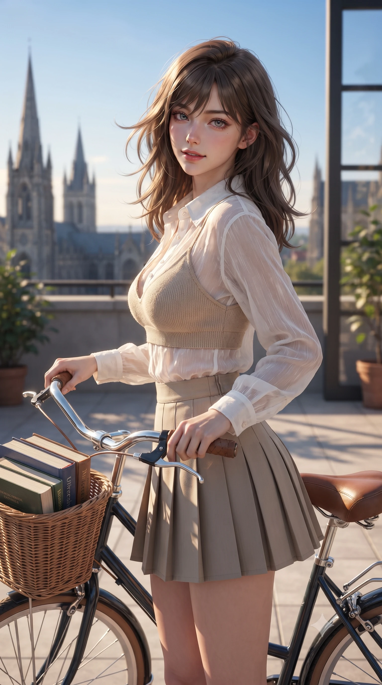 score_9, masterpiece, best quality, ultra-detailed, high-budget anime keyframe, editorial fashion photography, tasteful artistic composition, Korean woman. close-up cowboy shot from the waist and thighs up, the character dominates the composition, filling the frame with her large presence, background elements kept in soft focus. glancing sidelong over her shoulder with an alluring, lingering gaze and a subtle grin set against a soft-focus background of on a scenic campus rooftop terrace overlooking the university spires and a blue sky resting her hand on a bicycle handle with a basket full of books. She has an exceptionally elegant, slender, and willowy female figure with an ultra-slim waist, a gracefully sculpted slender torso, and a refined silhouette. sharp v-shaped jawline, high-bridge nose, intricate jewel-like eyes with depth, thick eyelashes, glossy lips with a natural sheen. wearing slim-fit sheer chiffon button-up shirt in white, worn over a slim-fit knit bralette and a mini skirt. bright afternoon sunlight casting crisp shadows of window frames on the floor. ultra-reflective glossy finish, specular highlights, metallic sheen, high-contrast stereoscopic depth, volumetric dynamic lighting, 2k, ultra detail, master piece, 9:16 ratio