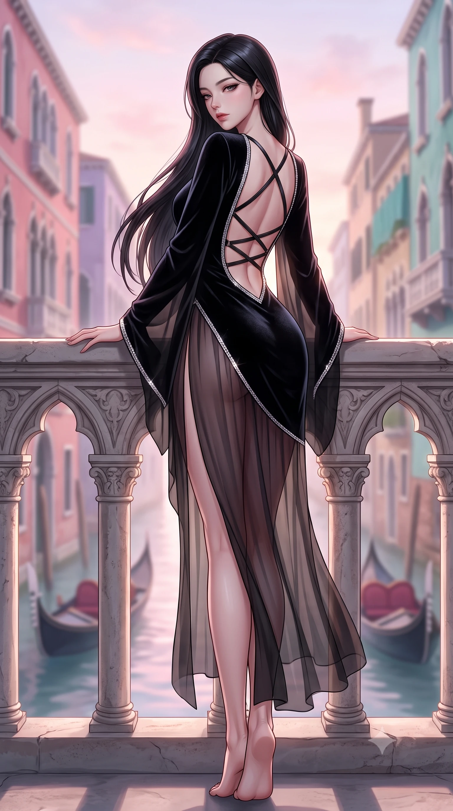 score_9, masterpiece, best quality, ultra-detailed, high-budget anime keyframe, semi-realistic 3D game render, editorial fashion photography, tasteful artistic composition, Korean woman. low angle full-body shot from head to toe showing her feet, filling the entire 9:16 vertical frame with her statuesque presence, stretching her vertical silhouette. posing with back turned slightly to the lens, glancing back with smoldering allure as she arches her lower back to emphasize her sculpted feminine hips and slender waist while leaning forward over the carved Istrian stone gothic balustrade, looking back with sleepy seductive morning eyes as sunrise tints the canal pastel pink. The composition keeps background elements in soft focus with creamy bokeh. gliding antique wooden gondolas and historic Venetian palazzo facades blurred into soft rose, lavender, and aquamarine bokeh. She has an exceptionally tall and slender model-like 8.5-heads proportion, an ultra-slim waist, a flat toned midriff, narrow delicate ribcage, and beautifully sculpted feminine hips creating a graceful, slim hourglass silhouette without any bulky heaviness, with impossibly long slender legs. sharp v-shaped jawline, high-bridge nose, intricate jewel-like eyes with depth, thick eyelashes, glossy parted lips with a natural sheen, intensely captivating and seductive bedroom-eyes expression, flawlessly proportioned anatomical accuracy, strict slender model proportions, natural body alignment, perfectly sculpted long slender limbs, ultra-slim waistline, clean dynamic posture without body distortion. wearing a delicate semi-translucent silk yukata that clings to her wet skin and curvy hip contours in pitch-black velvet with diamond crystal trim, woven from layered gossamer chiffon with a weightless sweeping drape, featuring an open-back criss-cross harness strap in dark leather, the dramatically scooped open back descending to the base of her spine, accentuating her razor-sharp statuesque lines and slim hourglass silhouette. illuminated by soft specular water glints carving her razor-sharp jawline, narrow waist, and curvy hips. highly saturated vibrant anime colors, detailed shading with soft gradients, rich glossy textures, high-contrast stereoscopic depth, volumetric dynamic lighting, master piece, 9:16 ratio