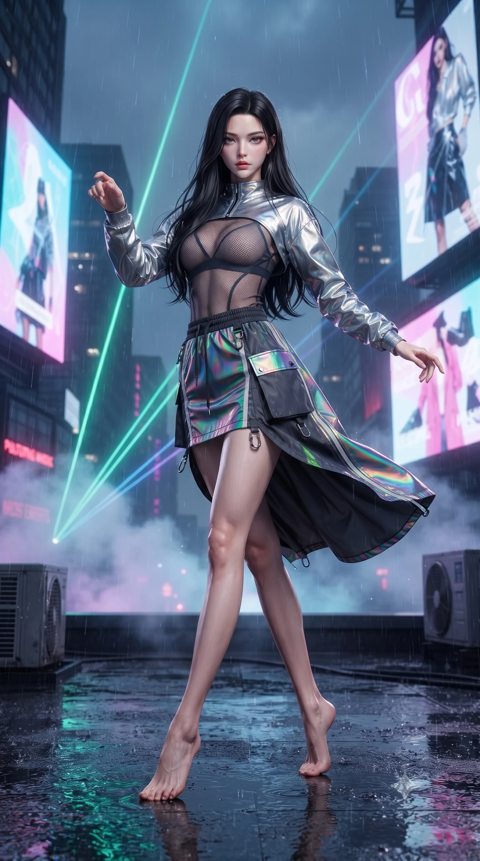score_9, masterpiece, best quality, ultra-detailed, high-budget anime keyframe, editorial fashion photography, tasteful artistic composition, Korean woman. low angle full-body shot from head to toe showing her feet, filling the entire 9:16 vertical frame with her statuesque presence, stretching her vertical silhouette. landing lightly on the balls of her feet in a balanced kinetic stance, eyes locked onto the camera with fearless allure while dancing dynamically on a rain-slicked skyscraper rooftop amidst pulsating RGB laser beams and giant holographic billboards. The composition keeps background elements in soft focus with creamy bokeh. drifting smoke machine haze and falling raindrops catching laser beam motes across the rooftop. She has an absolutely perfect, statuesque 8.5-heads proportion, an exceptionally tall and slender model-like female figure with impossibly long slender legs, a toned flat midriff, and an ultra-slim waist. sharp v-shaped jawline, high-bridge nose, intricate jewel-like eyes with depth, thick eyelashes, glossy lips with a natural sheen, captivating and magnetic expression, flawlessly proportioned anatomical accuracy, strict slender model proportions, natural body alignment, perfectly sculpted long slender limbs, ultra-slim waistline, clean dynamic posture without body distortion. wearing a futuristic sheer mesh bodysuit layered under a metallic silver shrug bolero and micro cargo skirt in iridescent rainbow prism and deep charcoal, made of breathable technical athletic mesh and liquid-finish track nylon, finished with reflective safety hazard tape details and carabiner clips, the breezy yet form-flattering drape swaying gracefully with her steps, accentuating her long willowy limbs and slim waistline. illuminated by crisp rim lights accentuating her ultra-slim waistline and long athletic limbs. ultra-reflective glossy finish, specular highlights, rich textural contrasts, high-contrast stereoscopic depth, volumetric dynamic lighting, 2k, ultra detail, master piece, 9:16 ratio
