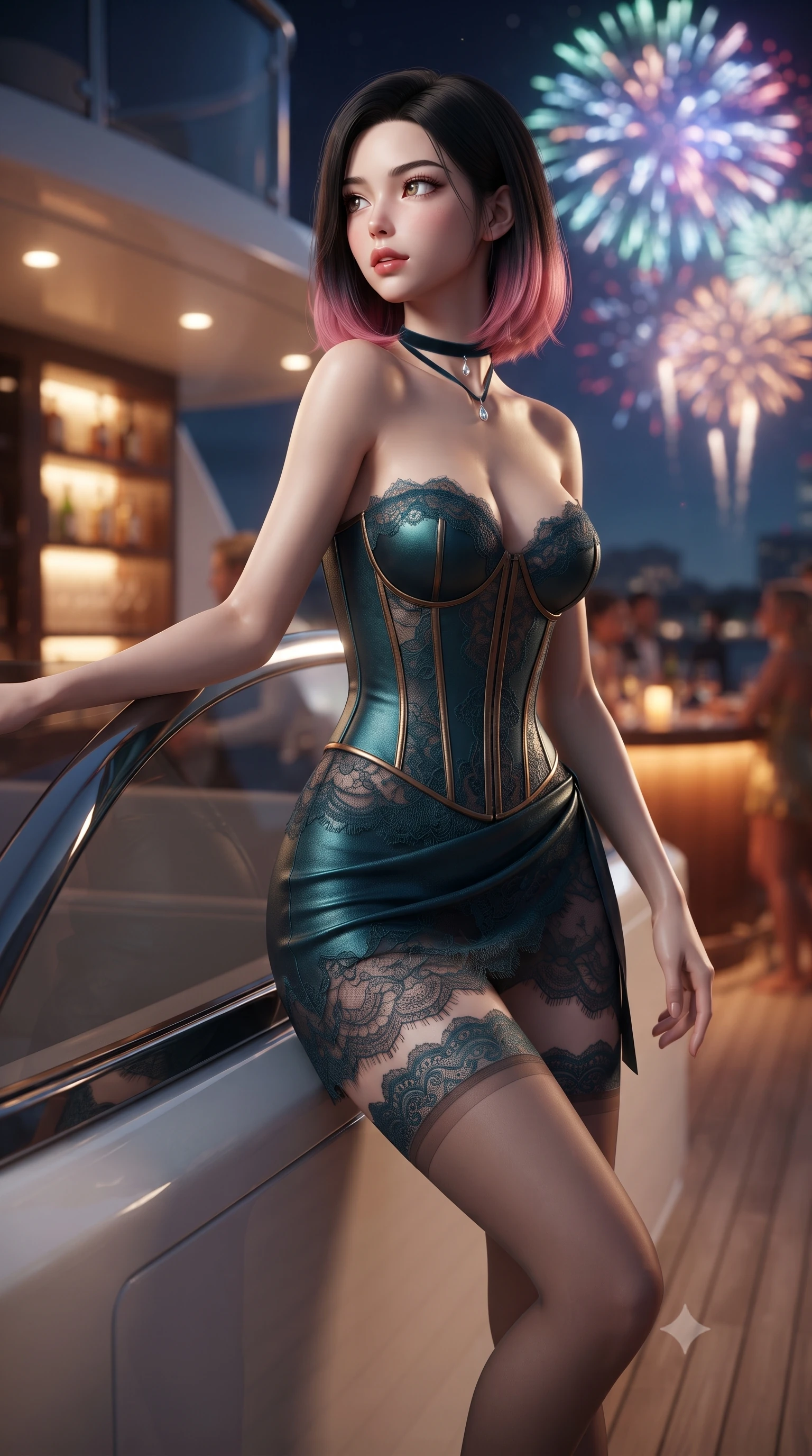 score_9, masterpiece, best quality, ultra-detailed, high-budget anime keyframe, editorial fashion photography, tasteful artistic composition, Korean woman. low angle full-body shot from head to toe showing her feet, filling the entire 9:16 vertical frame with her statuesque presence, stretching her vertical silhouette. walking along the terrace with poise, looking back over her bare shoulder with an irresistible smoldering bedroom-gaze while leaning against the flybridge windscreen with hips cocked back, looking over a bare shoulder toward colorful fireworks bursting over the harbor. The background shows a soft-focus high-gloss flybridge bar shelving softened in glamorous Caribbean party shallow focus. She has an absolutely perfect, statuesque 8.5-heads proportion, an exceptionally tall and slender model-like female figure with impossibly long slender legs, an ultra-slim waist, a flat toned midriff, narrow delicate ribcage, and beautifully sculpted feminine hips creating a graceful, slim hourglass silhouette without any bulky heaviness. sharp v-shaped jawline, high-bridge nose, sparkling eyes with hypnotic seductive depth, thick curled eyelashes, glossy parted lips with a natural dewy peach sheen, alluring bedroom-eyes with an enchanting coquettish smile, exuding magnetic siren charisma and sophisticated glamour, flawlessly proportioned anatomical accuracy, strict slender model proportions, natural body alignment, perfectly sculpted long slender limbs, ultra-slim waistline, clean dynamic posture without body distortion. wearing a structured boned leatherette corset bodice paired with an ultra-short micro-wrap mini skirt and sheer thigh-high stockings in deep peacock teal and burnished antique brass, made of delicate semi-sheer French Chantilly lace with intricate eyelash edges, finished with a thin velvet ribbon choker and a single teardrop diamond pendant, the liquid-tight tailored fabric clinging flawlessly to her narrow waist and rounded feminine hips, emphasizing every millimeter of her sculpted slim hourglass curves without any bulky heaviness. bathed in dynamic multi-color light flashes from fireworks overhead mixed with warm amber bar counter glow. ultra-reflective glossy finish, specular highlights, rich textural contrasts, high-contrast stereoscopic depth, volumetric dynamic lighting, 2k, ultra detail, master piece, 9:16 ratio