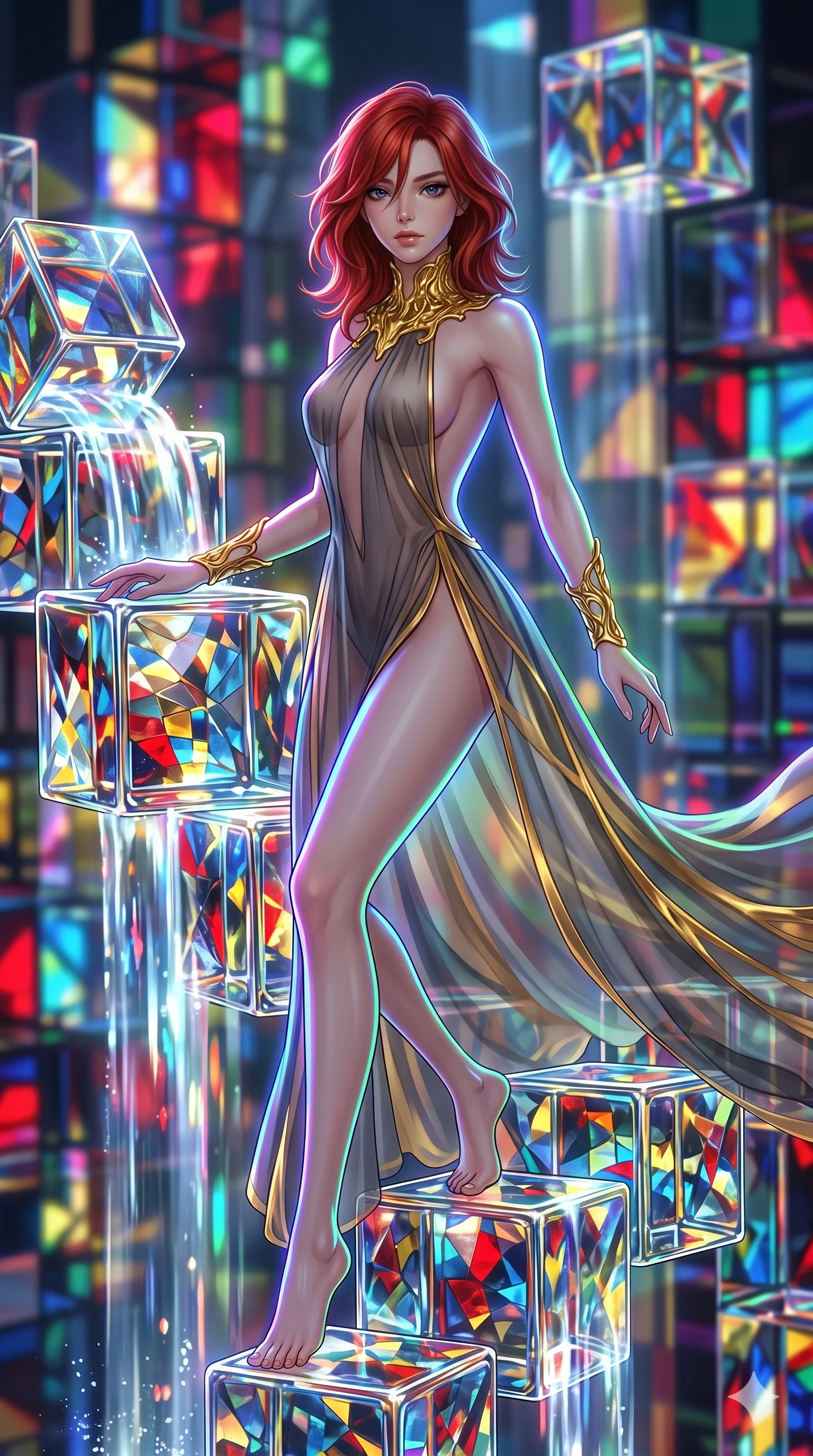score_9, masterpiece, best quality, ultra-detailed, high-budget anime keyframe, Japanese woman. upper body close-up from the thighs up, character filling the screen for maximum presence. balancing on cubist glass blocks that cascade like a waterfall, reflecting complex mosaic patterns and primary colors. She has an absolutely perfect 8-heads proportion, an exceptionally tall and slender female figure with impossibly long slender legs and an ultra-slim waist. V-shaped jawline, high-bridge nose, intricate jewel-like eyes with depth, thick eyelashes, glossy lips with a natural sheen.. wearing a molten gold and chiffon gown, featuring organic liquid gold collar and cuffs on a translucent charcoal-gray halter neck chiffon gown with a deep backless design. bathed in brilliant cinematic volumetric lighting and intense neon rim light highlighting her slender form. 2k, ultra detail, master piece, 9:16 ratio