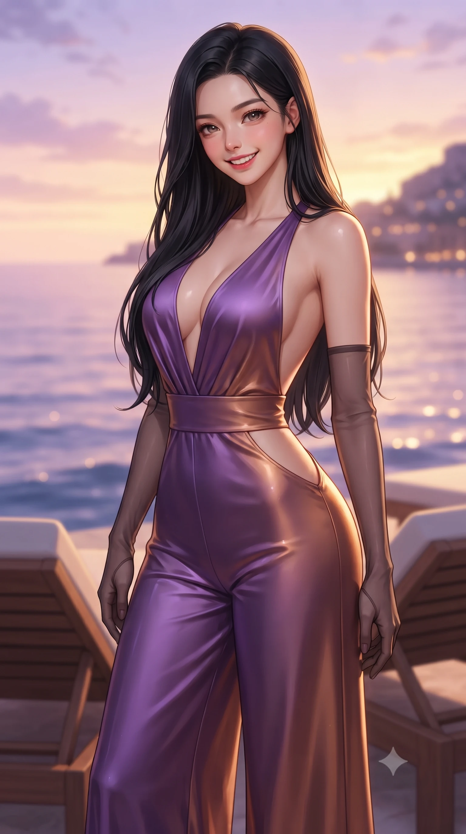 score_9, masterpiece, best quality, ultra-detailed, high-budget anime keyframe, editorial fashion photography, tasteful artistic composition, Korean woman. close-up cowboy shot from the waist and thighs up, the character dominates the composition, filling the frame with her large presence. tilting her head with a teasing half-smile, running one hand slowly down the side of her hip in a flirtatious S-curve as ambient light caresses her silhouette while twisting her slender torso in an alluring contrapposto stance beside the teak sun loungers, golden hour light caressing her sculpted flat midriff and hips. The background shows a soft-focus endless purple and gold sunset horizon over the Côte d'Azur, distant Monaco cliffside lights, and gentle wake ripples blurred into coral, lavender, and sapphire bokeh. She has an exceptionally elegant, slender, and willowy female figure with an ultra-slim waist, flat toned midriff, narrow ribcage, and sculpted feminine hips creating an alluring, slim hourglass silhouette without bulk. sharp v-shaped jawline, high-bridge nose, intricate jewel-like sparkling eyes with depth, thick eyelashes, glossy parted lips with a natural peach sheen, bright cheerful beaming smile with an enchanting and coquettish sensual glint, exuding both youthful cute charm and seductive allure, flawlessly proportioned anatomical accuracy, strict slender model proportions, natural body alignment, perfectly sculpted long slender limbs, ultra-slim waistline, clean dynamic posture without body distortion. wearing a backless plunge-front silk satin jumpsuit with fluid wide-leg silhouette and daring side hip cutouts in Mirage sunset amethyst purple and warm bronze, crafted from fluid liquid silk satin that clings smoothly to her narrow waist and rounded hips with a dewy sheen, complemented by sheer opera-length evening gloves tracing her slender arms, the liquid-tight tailored fabric clinging flawlessly to her narrow waist and rounded feminine hips, emphasizing every millimeter of her sculpted slim hourglass curves without any bulky heaviness. illuminated by jacuzzi water specular reflections and crisp bronze-gold rim lights defining her dewy collarbones, ultra-slim waist, and curvy hips. ultra-reflective glossy finish, specular highlights, rich textural contrasts, high-contrast stereoscopic depth, volumetric dynamic lighting, 2k, ultra detail, master piece, 9:16 ratio