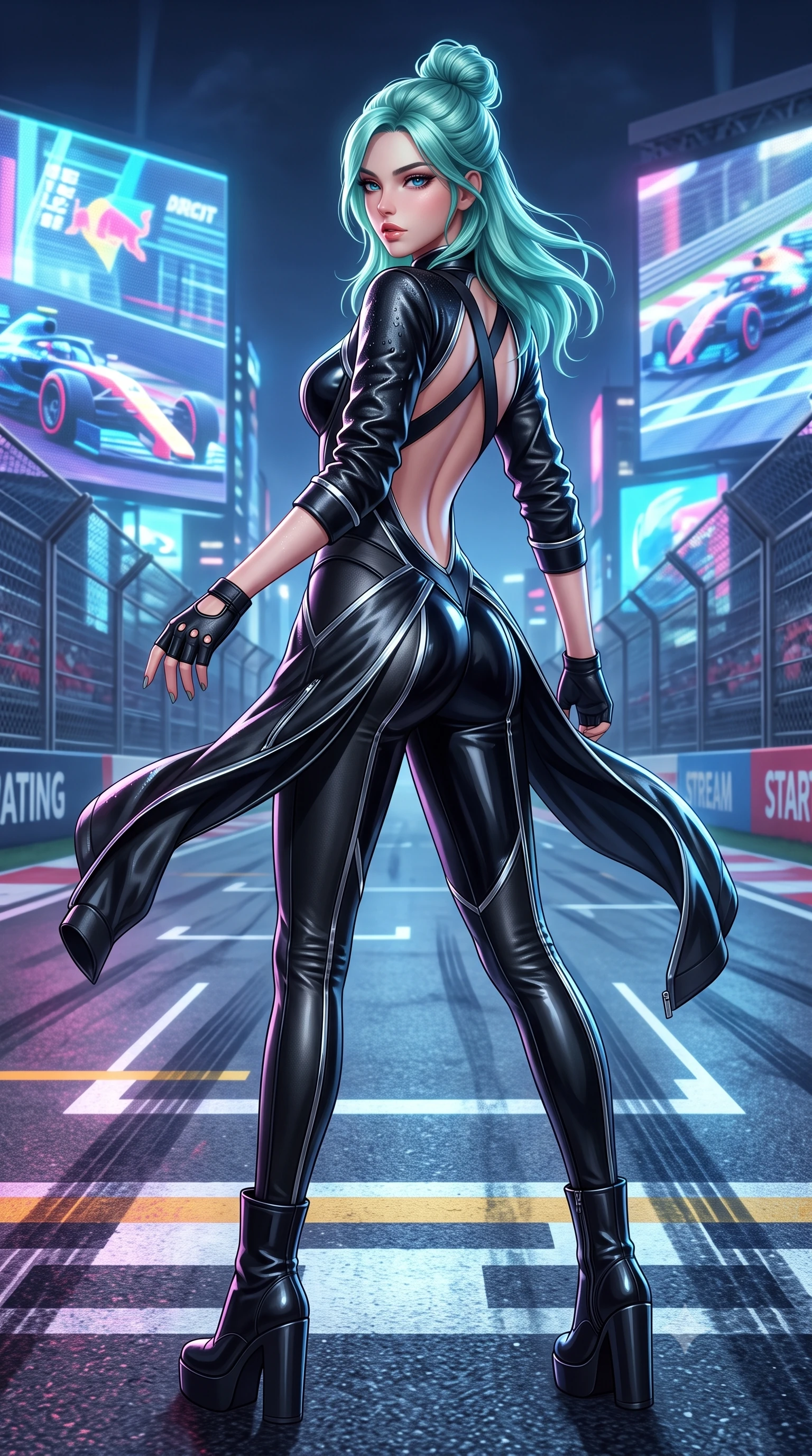 score_9, masterpiece, best quality, ultra-detailed, high-budget anime keyframe, semi-realistic 3D game render, editorial fashion photography, tasteful artistic composition, Japanese woman. low angle full-body shot from head to toe showing her feet, filling the entire 9:16 vertical frame with her statuesque presence, stretching her vertical silhouette. executing an elegant mid-motion turn as garments swirl around her slender limbs, glancing over her shoulder with smoldering allure while posing boldly at the center of the illuminated starting grid as giant holographic jumbotrons flash behind her. The surrounding environment is rendered in vivid detail and crisp panoramic clarity. crisp starting grid painted lines, rain droplet beads on leather jacket, and circuit fencing in deep focus. She has an absolutely perfect, statuesque 8.5-heads proportion, an exceptionally tall and slender model-like female figure with impossibly long slender legs, a toned flat midriff, and an ultra-slim waist. sharp v-shaped jawline, high-bridge nose, intricate jewel-like eyes with depth, thick eyelashes, glossy parted lips with a natural sheen, intensely captivating and seductive expression, flawlessly proportioned anatomical accuracy, strict slender model proportions, natural body alignment, perfectly sculpted long slender limbs, ultra-slim waistline, clean dynamic posture without body distortion. wearing a daring open-back racing jumpsuit with crossed elastic suspension straps and form-hugging fit in pitch-black vinyl and specular chrome trim, tailored from supple second-skin lambskin leather adhering to her curves, accessorized with bold platform racing boots and fingerless leather gloves, the athletic second-skin cut highlighting her toned flat midriff and slender model proportions during dynamic action. illuminated by crisp directional rim lighting sharply defining her razor-sharp jawline and feminine curves. highly saturated vibrant anime colors, detailed shading with soft gradients, rich glossy textures, high-contrast stereoscopic depth, volumetric dynamic lighting, master piece, 9:16 ratio