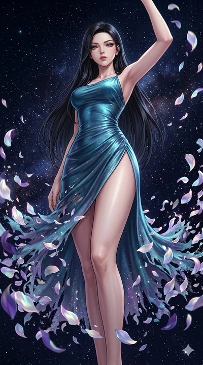 score_9, masterpiece, best quality, ultra-detailed, High-budget Anime Keyframe, East Asian woman. Low angle cowboy shot filling the entire 9:16 frame with her statuesque presence. Scenario 111: Dissolving into a cloud of iridescent silk petals in a v