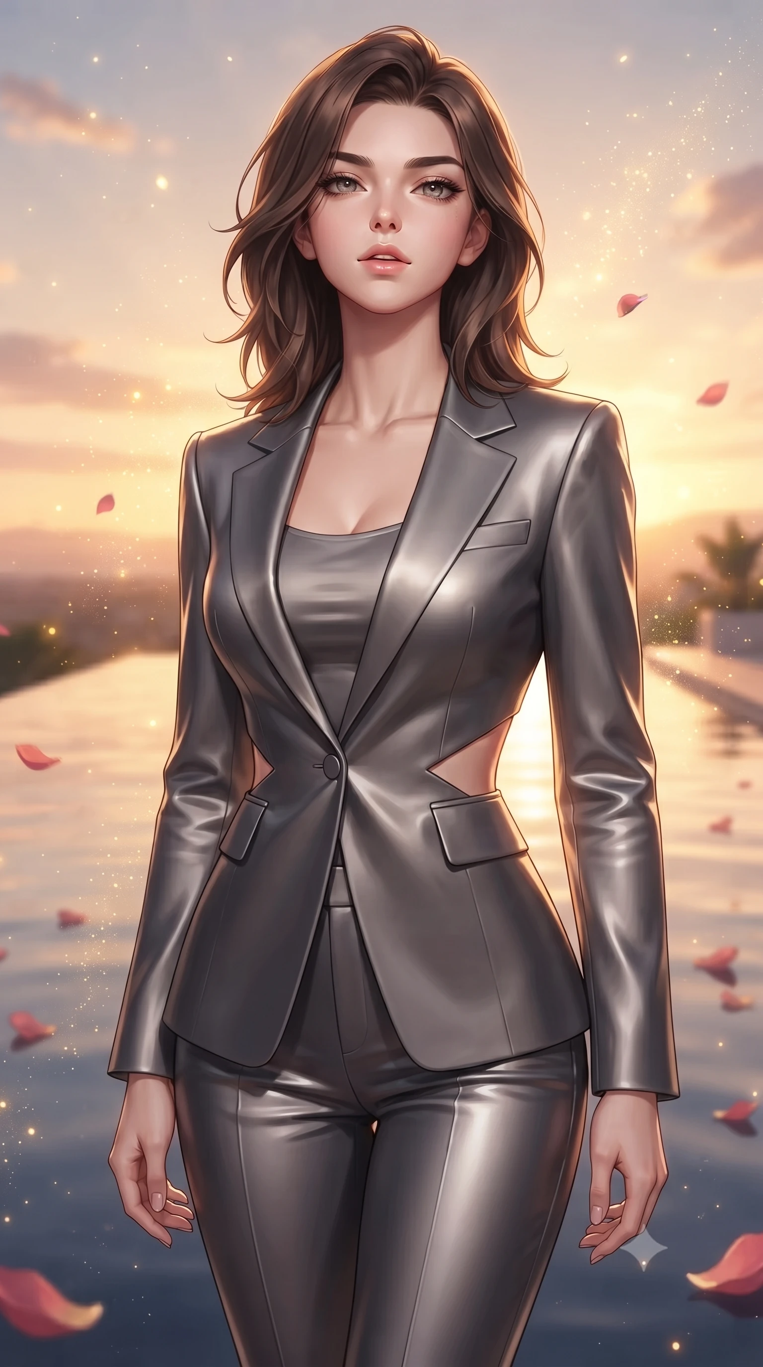 score_9, masterpiece, best quality, ultra-detailed, high-budget anime keyframe, editorial fashion photography, tasteful artistic composition, Korean woman. close-up cowboy shot from the waist and thighs up, the character dominates the composition, filling the frame with her large presence, background elements kept in soft focus. Tilting her chin up slightly with lips parted in a magnetic, composed expression poised beside an infinity reflecting pool mirroring a warm sunset sky, floating rose petals and golden dust motes sparkling in the air. She has an exceptionally elegant, slender, and willowy female figure with an ultra-slim waist, a gracefully sculpted slender torso, and a refined silhouette. sharp v-shaped jawline, high-bridge nose, intricate jewel-like eyes with depth, thick eyelashes, glossy lips with a natural sheen. wearing a tailored silk blazer over a form-contouring top and fitted slacks in charcoal grey and platinum, crafted from smooth liquid silk, featuring subtle geometric cutouts that highlight her ultra-slim midriff, the tailored fabric tightly following every curve of her athletic build. bathed in glorious golden hour sunbeams and warm rose-gold ambient light. ultra-reflective glossy finish, specular highlights, metallic sheen, high-contrast stereoscopic depth, volumetric dynamic lighting, 2k, ultra detail, master piece, 9:16 ratio