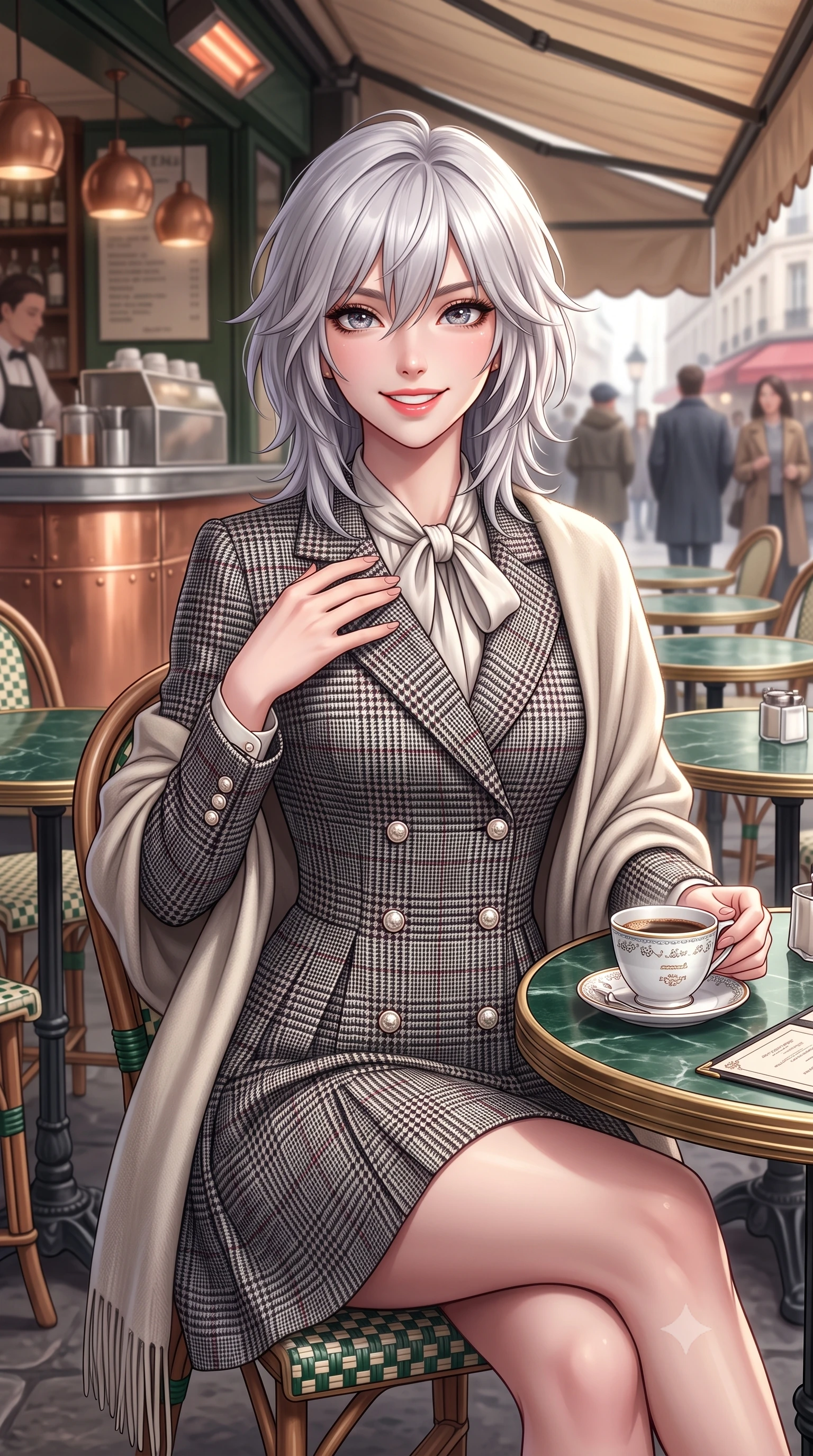 score_9, masterpiece, best quality, ultra-detailed, high-budget anime keyframe, semi-realistic 3D game render, editorial fashion photography, tasteful artistic composition, Japanese woman. close-up cowboy shot from the waist and thighs up, the character dominates the composition, filling the frame with her large presence. resting one hand gracefully on her tailored blazer lapel while looking into the camera with bright, sparkling eyes while sitting poised at a round green marble bistrot table beneath the heated cafe awning, cradling a porcelain cup with a radiant French smile. The surrounding environment is rendered in vivid detail and crisp panoramic clarity: detailed silk pussy-bow blouse drape, tailored A-line wool skirt pleats, and authentic Parisian street furniture in high resolution. She has an exceptionally elegant, slender, and willowy female figure with an ultra-slim waist, flat toned midriff, narrow ribcage, and sculpted feminine hips creating an alluring, slim hourglass silhouette without bulk. sharp v-shaped jawline, high-bridge nose, intricate jewel-like sparkling eyes with depth, thick eyelashes, glossy parted lips with a natural peach sheen, bright cheerful beaming smile with an enchanting and coquettish sensual glint, exuding both youthful cute charm and seductive allure, flawlessly proportioned anatomical accuracy, strict slender model proportions, natural body alignment, perfectly sculpted long slender limbs, ultra-slim waistline, clean dynamic posture without body distortion. wearing a structured double-breasted tweed dress with notched lapels, long sleeves, and decorative mother-of-pearl buttons in classic glen plaid monochrome with subtle wine red accent, tailored from fine wool gabardine with crisp permanent pleats and sharp drape, accented with a wide brushed cashmere fringe scarf draped elegantly over one shoulder, the expertly draped wool fabric falling in crisp fluid lines along her tall 8.5-heads silhouette, celebrating her slender frame without excess fabric bulk. illuminated by zinc counter and marble tabletop bounce with delicate platinum rim lights sculpting her features and slender waist. highly saturated vibrant anime colors, detailed shading with soft gradients, rich glossy textures, high-contrast stereoscopic depth, volumetric dynamic lighting, master piece, 9:16 ratio