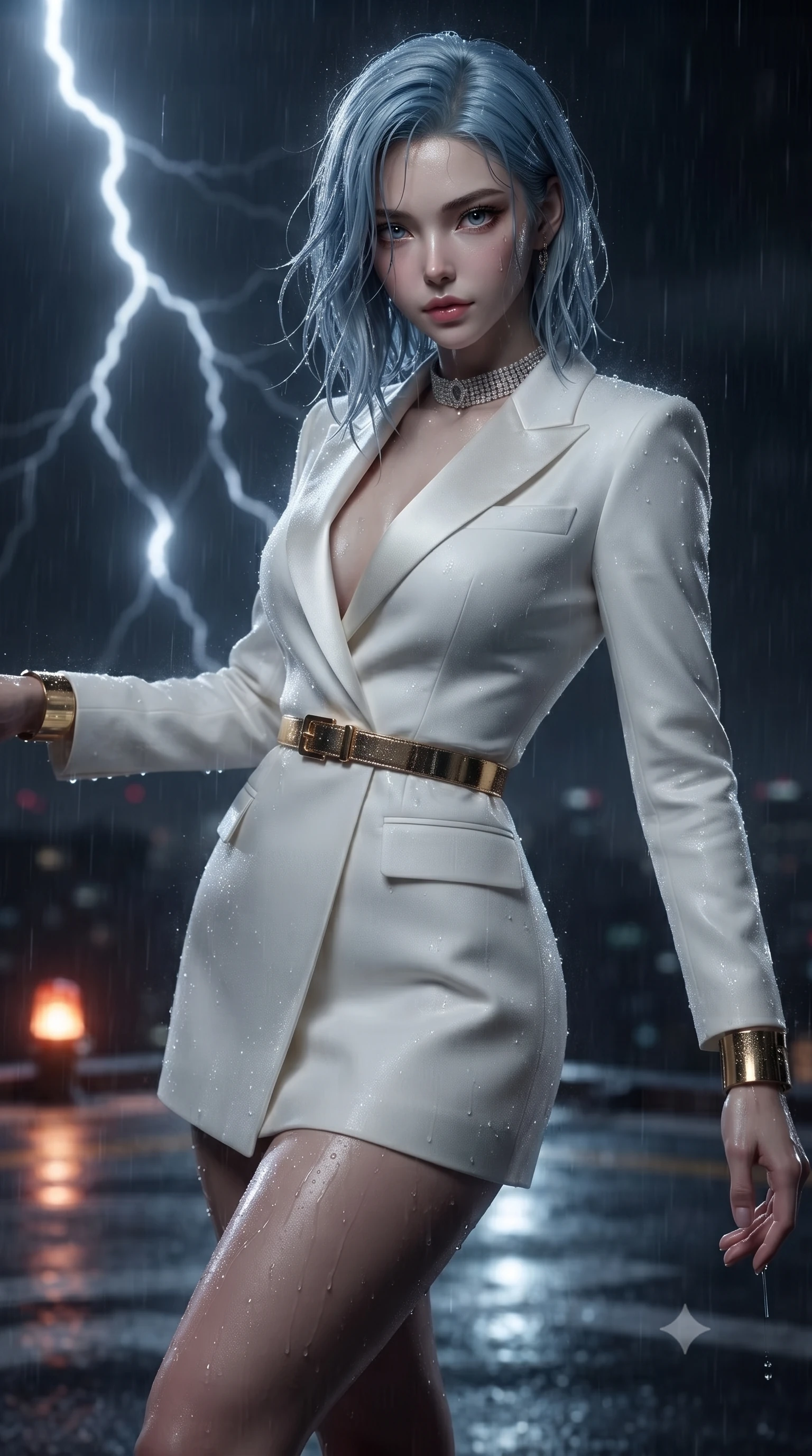 score_9, masterpiece, best quality, ultra-detailed, high-budget anime keyframe, editorial fashion photography, tasteful artistic composition, Korean woman. close-up cowboy shot from the waist and thighs up, the character dominates the composition, filling the frame with her large presence. radiating intense magnetic charisma with jewel-like eyes locked onto the viewer, her upper body turning in a dynamic, fluid S-curve while infiltrating a torrential midnight rooftop helipad 80 stories high as lightning flashes illuminate her wet tactical trench coat. The composition keeps background elements in soft focus with creamy bokeh. helipad perimeter warning beacons and swirling storm rain sheets softened in cinematic shallow focus. She has an exceptionally elegant, slender, and willowy female figure with an ultra-slim waist, a gracefully sculpted slender torso, toned flat midriff, and a refined slim silhouette. sharp v-shaped jawline, high-bridge nose, intricate jewel-like eyes with depth, thick eyelashes, glossy lips with a natural sheen, captivating and magnetic expression, flawlessly proportioned anatomical accuracy, strict slender model proportions, natural body alignment, perfectly sculpted long slender limbs, ultra-slim waistline, clean dynamic posture without body distortion. wearing a chic tailored white tuxedo jacket dress with satin lapels and an ultra-slim waist-cinching gold belt in pristine royal white and brushed gold, made of structured fine wool crepe and liquid silk satin, accessorized with a bold diamond choker and minimalist gold cuffs edition #28, the liquid-tight tailored fabric emphasizing every curve of her tall, slender model proportions and sculptured silhouette during dynamic movement. illuminated by wet specular highlights tracing her sculpted flat midriff, waistline, and long legs. ultra-reflective glossy finish, specular highlights, rich textural contrasts, high-contrast stereoscopic depth, volumetric dynamic lighting, 2k, ultra detail, master piece, 9:16 ratio