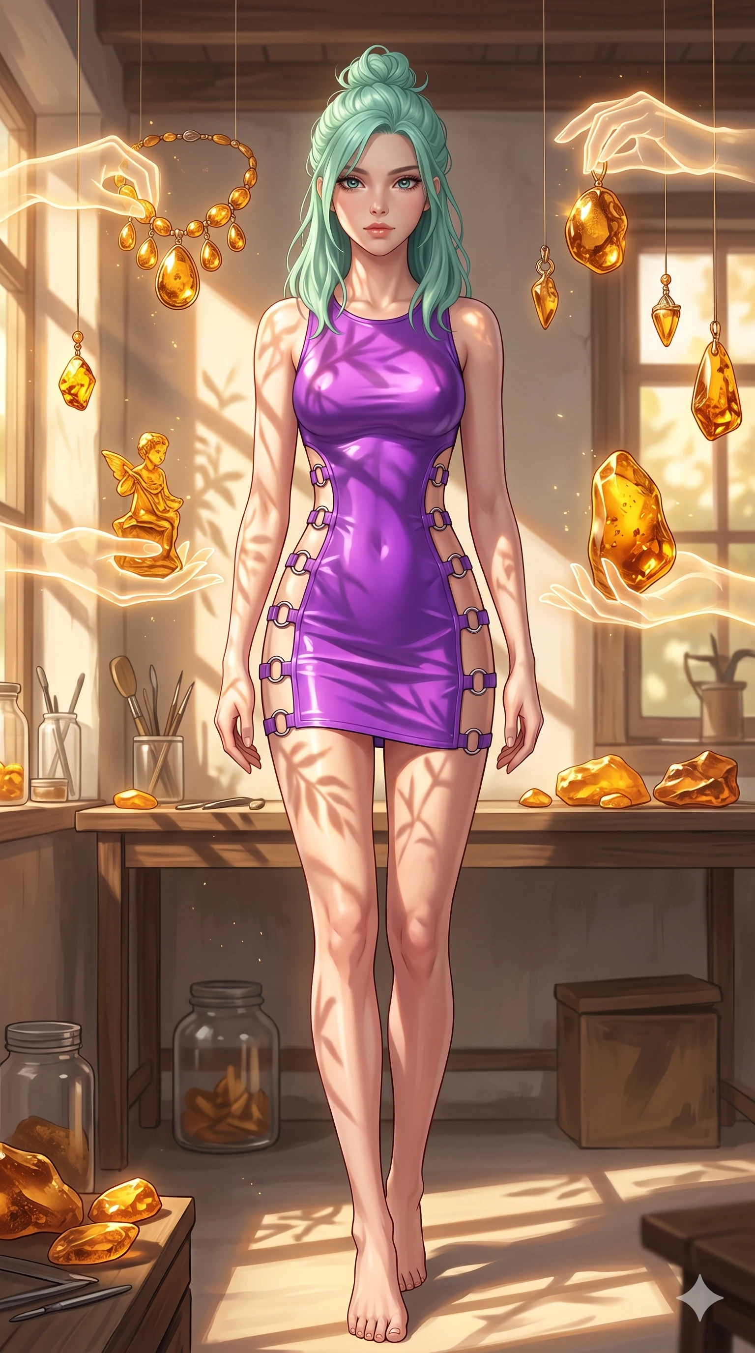 score_9, masterpiece, best quality, ultra-detailed, high-budget anime keyframe, editorial fashion photography, tasteful artistic composition, Japanese woman. low angle full-body shot from head to toe showing her feet, filling the entire 9:16 vertical frame with her statuesque presence, stretching her vertical silhouette. navigating with fluid motion through an artisan workshop where liquid amber is shaped mid-air by invisible hands into intricate jewelry and miniature sculptures each piece trapping golden light within its translucent honey-colored form. She has a statuesque 8.5-heads proportion, an exceptionally tall, slender and willowy model-like build with impossibly long legs and a highly sculpted ultra-slim waist. sharp v-shaped jawline, high-bridge nose, intricate jewel-like eyes with depth, thick eyelashes, glossy lips with a natural sheen. wearing a fashion-latex mini dress in neon purple with geometric side cutouts framed by chrome ring hardware, emphasizing her ultra-slim waist. warm golden afternoon sunbeams casting soft organic leaf shadows across her skin. 2k, ultra detail, master piece, 9:16 ratio