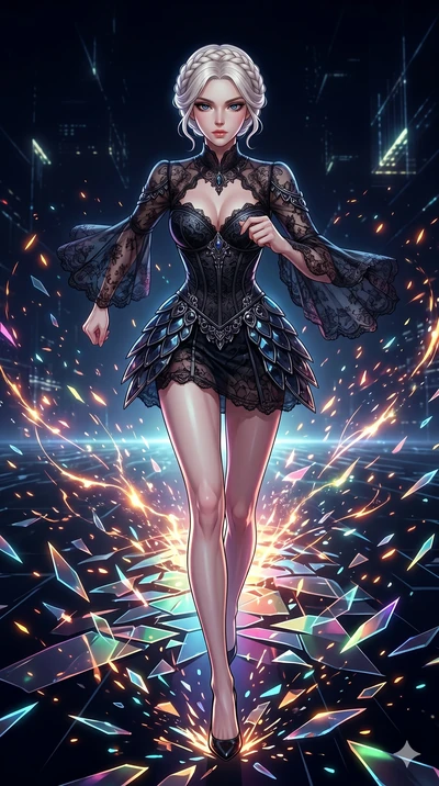 score_9, masterpiece, best quality, ultra-detailed, Set A: High-budget Anime Keyframe, Korean woman. Low angle cowboy shot filling the entire 9:16 frame with her statuesque presence. Sprinting through a virtual reality void, as the ground beneath her