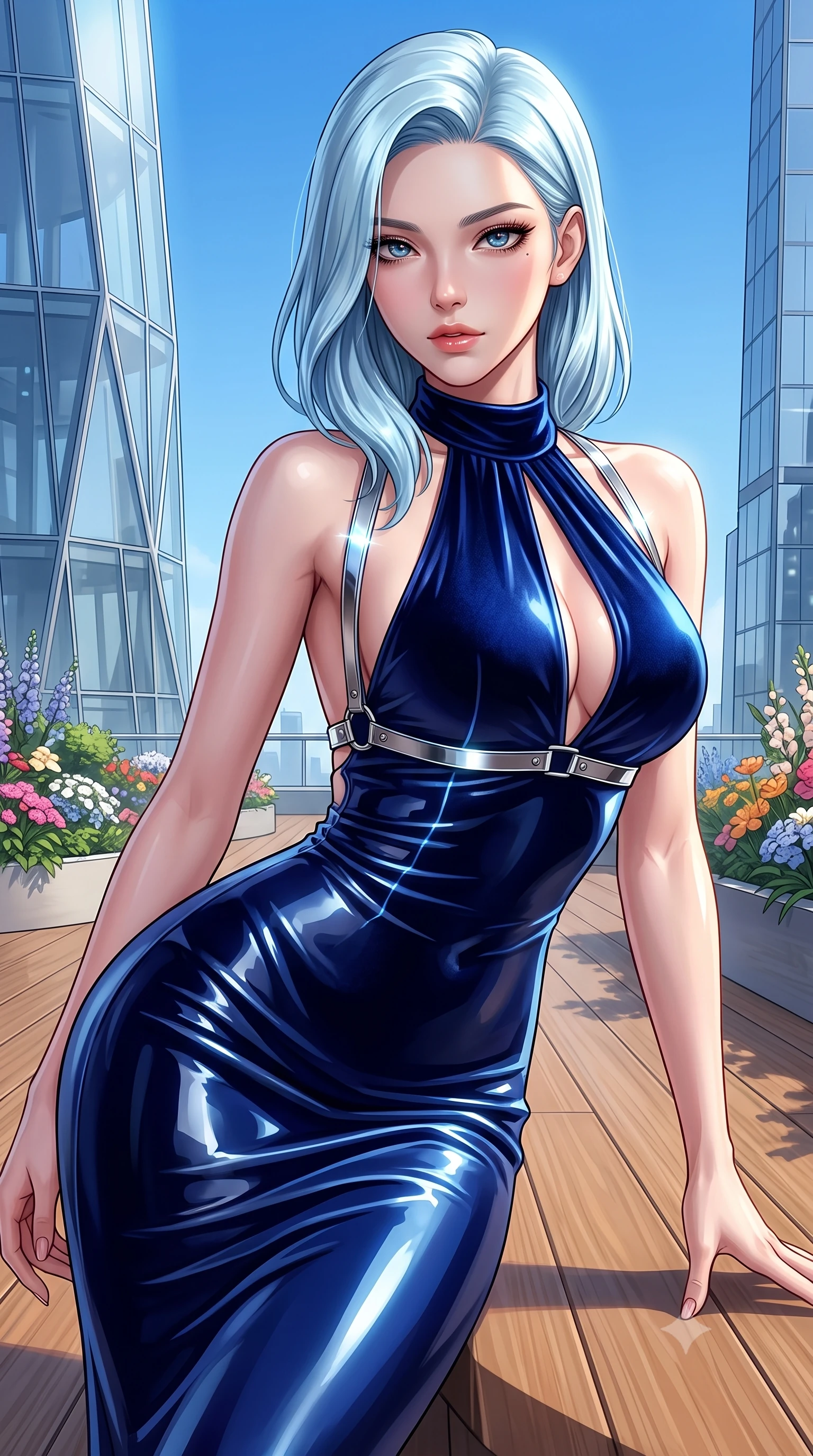score_9, masterpiece, best quality, ultra-detailed, high-budget anime keyframe, semi-realistic 3D game render, editorial fashion photography, tasteful artistic composition, Korean woman. close-up cowboy shot from the waist and thighs up, the character dominates the composition, filling the frame with her large presence. gazing directly into the lens with bedroom eyes and a breathtaking, dangerous allure that commands the entire composition while stretching forward with an alluring S-curve silhouette on a polished wooden sky-deck in full daylight. The surrounding environment is rendered in vivid detail and crisp panoramic clarity. crisp architectural tower glass facets, detailed sky-garden flower arrangements, and endless blue sky in deep focus. She has an exceptionally elegant, slender, and willowy female figure with an ultra-slim waist, a gracefully sculpted slender torso, toned flat midriff, and a refined slim silhouette. sharp v-shaped jawline, high-bridge nose, intricate jewel-like eyes with depth, thick eyelashes, glossy lips with a natural sheen, flawlessly proportioned anatomical accuracy, strict slender model proportions, natural body alignment, perfectly sculpted long slender limbs, ultra-slim waistline, clean dynamic posture without body distortion. wearing a velvet halter-neck midi dress fitting her statuesque contour flawlessly with a Tasteful chest slit and open spine in deep royal navy blue and specular chrome, crafted from ultra-reflective second-skin latex with a high-gloss glass-like polish, reinforced by a sleek metallic chrome harness and delicate glowing micro-straps, the form-contouring material adhering flawlessly to her sculpted flat midriff and slender torso, emphasizing her long leg lines and perfectly proportioned willowy build. surrounded by an exhilarating, elevated, and radiantly sensual rooftop garden aura. highly saturated vibrant anime colors, detailed shading with soft gradients, rich glossy textures, high-contrast stereoscopic depth, volumetric dynamic lighting, master piece, 9:16 ratio