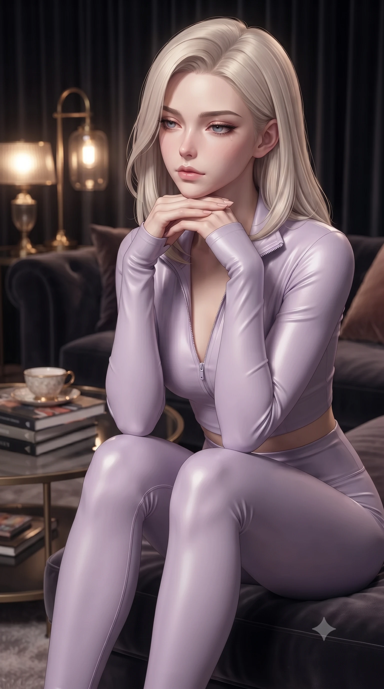 score_9, masterpiece, best quality, ultra-detailed, high-budget anime keyframe, editorial fashion photography, tasteful artistic composition, Caucasian woman. close-up cowboy shot from the waist and thighs up, the character dominates the composition, filling the frame with her large presence, background elements kept in soft focus. resting her chin on the backs of her fingers, casting a heavy-lidded, sultry look past the camera the background shows a soft-focus a dark velvet lounge corner with vintage lamps and a round glass coffee table. She has an exceptionally elegant, slender, and willowy female figure with an ultra-slim waist, a gracefully sculpted slender torso, and a refined silhouette. sharp v-shaped jawline, high-bridge nose, intricate jewel-like eyes with depth, thick eyelashes, glossy lips with a natural sheen. wearing a form-contouring body-hugging activewear set of a tailored zip-up long-sleeve crop top and matching high-waisted leggings in soft lavender. low-contrast warm ambient glow creating a calm and relaxed mood. ultra-reflective glossy finish, specular highlights, metallic sheen, high-contrast stereoscopic depth, volumetric dynamic lighting, 2k, ultra detail, master piece, 9:16 ratio