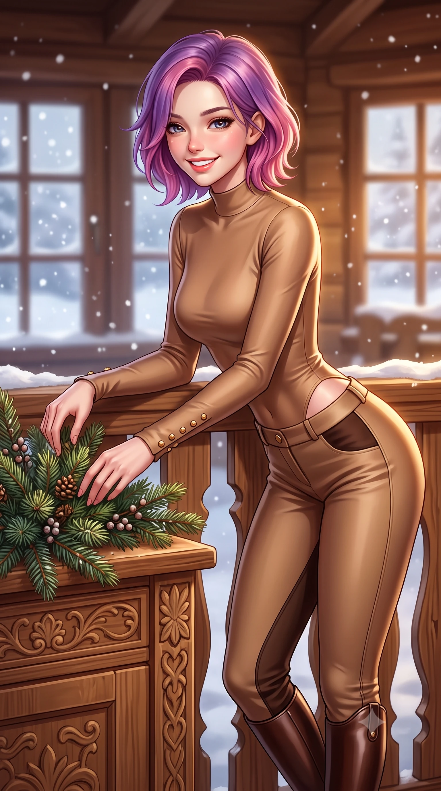score_9, masterpiece, best quality, ultra-detailed, high-budget anime keyframe, semi-realistic 3D game render, editorial fashion photography, tasteful artistic composition, Caucasian woman. close-up cowboy shot from the waist and thighs up, the character dominates the composition, filling the frame with her large presence. resting both elbows on the balustrade while leaning forward gracefully, her smile sparkling with youthful cute charm and seductive allure while standing poised at the hand-carved Arvenholz pine dining credenza, arranging fragrant winter pine branches with graceful domestic poise. The background shows a soft-focus softly falling snowflakes outside frosted panes softened in intimate alpine winter hideaway shallow focus. She has an exceptionally elegant, slender, and willowy female figure with an ultra-slim waist, flat toned midriff, narrow ribcage, and sculpted feminine hips creating an alluring, slim hourglass silhouette without bulk. sharp v-shaped jawline, high-bridge nose, intricate jewel-like sparkling eyes with depth, thick eyelashes, glossy parted lips with a natural peach sheen, bright cheerful beaming smile with an enchanting and coquettish sensual glint, exuding both youthful cute charm and seductive allure, flawlessly proportioned anatomical accuracy, strict slender model proportions, natural body alignment, perfectly sculpted long slender limbs, ultra-slim waistline, clean dynamic posture without body distortion. wearing a form-fitting equestrian stretch bodysuit paired with snug tailored riding breeches and polished knee-high leather boots in Saint-Germain camel wool and warm espresso, crafted from lustrous liquid satin crepe that drapes in body-clinging ripples catching ambient lights, accented with delicate gold button studs trailing down the snug sleeve cuffs, the second-skin tailored fabric adhering flawlessly to her sculpted flat midriff and slender torso, emphasizing her long leg lines and perfectly proportioned willowy build. illuminated by honey pine wall reflection bounce and warm buttery rim lights sculpting her features and slender hourglass curves. highly saturated vibrant anime colors, detailed shading with soft gradients, rich glossy textures, high-contrast stereoscopic depth, volumetric dynamic lighting, master piece, 9:16 ratio