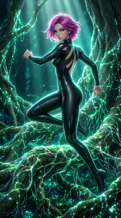 score_9, masterpiece, best quality, ultra-detailed, high-budget anime keyframe, Japanese woman. upper body close-up from the thighs up, character filling the screen for maximum presence. jumping amidst giant ancient tree roots wrapped in trillions of