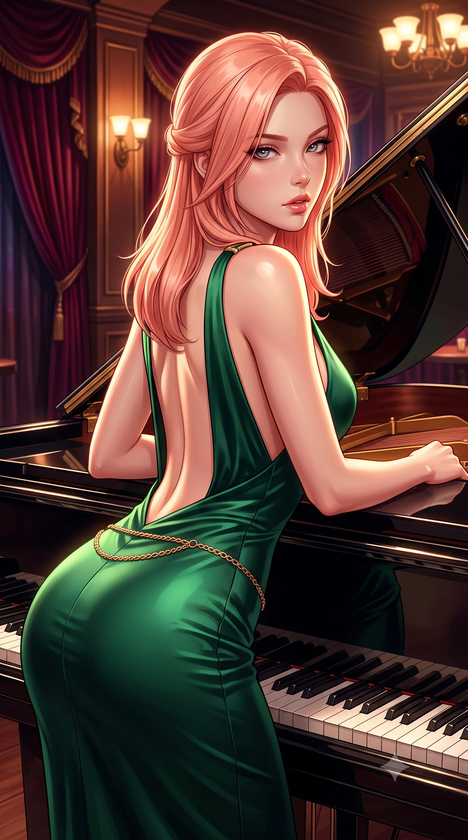 score_9, masterpiece, best quality, ultra-detailed, high-budget anime keyframe, semi-realistic 3D game render, editorial fashion photography, tasteful artistic composition, Japanese woman. close-up cowboy shot from the waist and thighs up, the character dominates the composition, filling the frame with her large presence. twisting her slender torso in a deep contrapposto stance, hips dramatically shifted to accentuate her feminine curves while looking past her shoulder with smoldering bedroom-eyes while reclining across the polished lacquer lid of a grand piano propped on one elbow, arching her lower back to accentuate her feminine curves as she gazes into the lens. The surrounding environment is rendered in vivid detail and crisp panoramic clarity. rich high-contrast neo-noir chiaroscuro and sophisticated jazz-club romance aesthetics in precision. She has an exceptionally elegant, slender, and willowy female figure with an ultra-slim waist, a gracefully sculpted slender torso, toned flat midriff, and rounded feminine hips creating an alluring hourglass silhouette. sharp v-shaped jawline, high-bridge nose, intricate jewel-like eyes with depth, thick eyelashes, glossy parted lips with a natural sheen, intensely captivating and seductive bedroom-eyes expression, flawlessly proportioned anatomical accuracy, strict slender model proportions, natural body alignment, perfectly sculpted long slender limbs, ultra-slim waistline, clean dynamic posture without body distortion. wearing a liquid silk jersey evening gown with an ultra-deep plunging open back descending to the base of her spine and a sculpted hip-hugging skirt in deep emerald green satin and gold hardware, tailored from ultra-smooth duchess satin with a pearlescent sheen, accented with a delicate gold chain belt resting loosely on her curvy hips, the form-contouring material adhering flawlessly to her sculpted flat midriff and slender torso, emphasizing her long leg lines and perfectly proportioned willowy build. illuminated by sleek metallic reflections sculpting her sculpted collarbones, ultra-slim waist, and curvy hips. highly saturated vibrant anime colors, detailed shading with soft gradients, rich glossy textures, high-contrast stereoscopic depth, volumetric dynamic lighting, master piece, 9:16 ratio