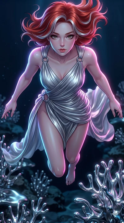 score_9, masterpiece, best quality, ultra-detailed, high-budget anime keyframe, Japanese woman. upper body close-up from the thighs up, character filling the screen for maximum presence. diving through a bionic fluid mercury reef where self-replicati
