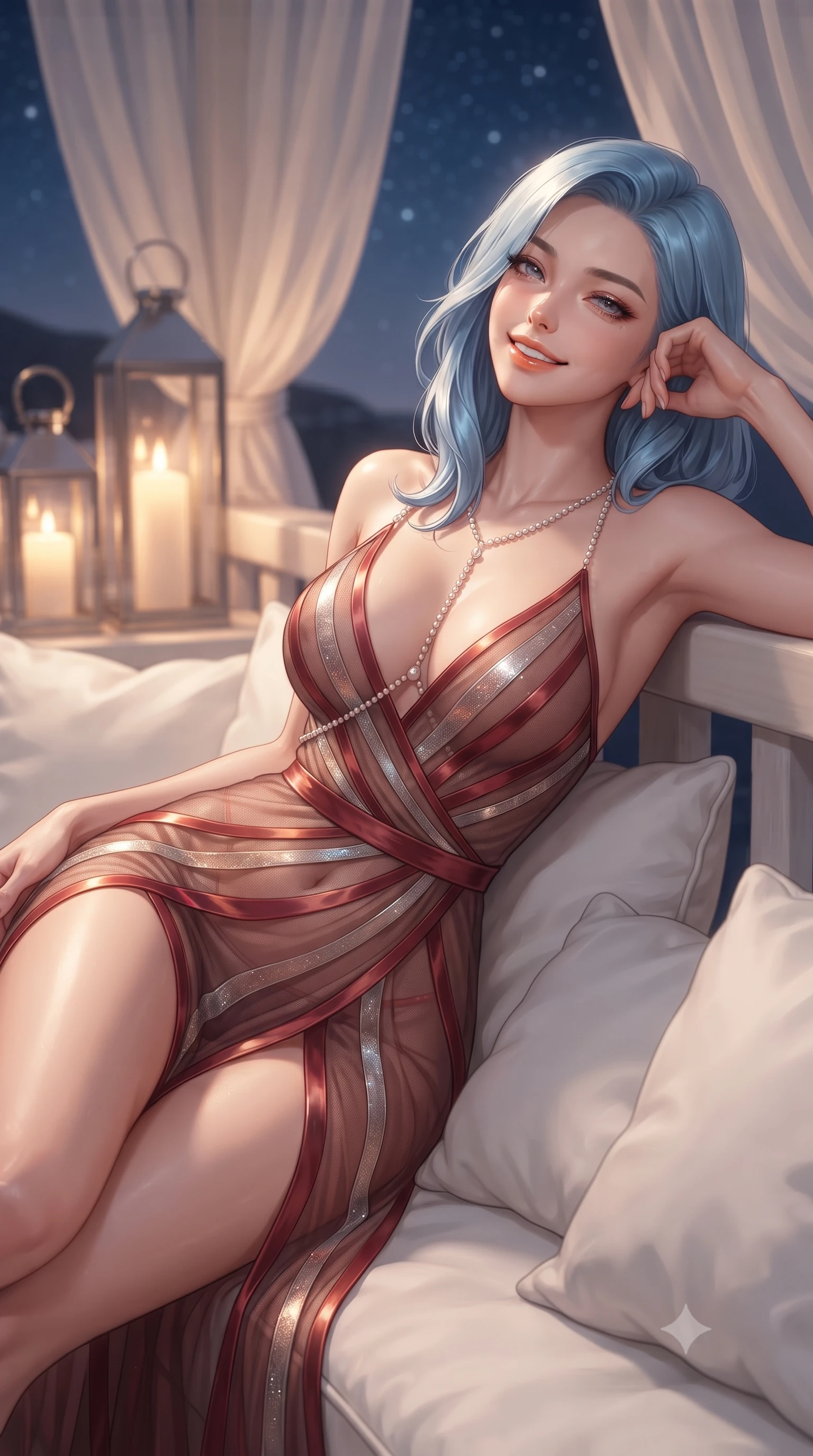 score_9, masterpiece, best quality, ultra-detailed, high-budget anime keyframe, editorial fashion photography, tasteful artistic composition, Korean woman. close-up cowboy shot from the waist and thighs up, the character dominates the composition, filling the frame with her large presence. leaning back against the balustrade with relaxed seductive grace, head tilted back slightly while casting a hypnotic, heavy-lidded gaze while reclining gracefully across the plush white cushions propped on one elbow, flashing a radiant, flirtatious smile toward the lens. The background shows a soft-focus flowing sheer white draperies softened in romantic Cycladic honeymoon retreat shallow focus. She has an exceptionally elegant, slender, and willowy female figure with an ultra-slim waist, flat toned midriff, narrow ribcage, and sculpted feminine hips creating an alluring, slim hourglass silhouette without bulk. sharp v-shaped jawline, high-bridge nose, intricate jewel-like sparkling eyes with depth, thick eyelashes, glossy parted lips with a natural peach sheen, bright cheerful beaming smile with an enchanting and coquettish sensual glint, exuding both youthful cute charm and seductive allure, flawlessly proportioned anatomical accuracy, strict slender model proportions, natural body alignment, perfectly sculpted long slender limbs, ultra-slim waistline, clean dynamic posture without body distortion. wearing a provocative sheer illusion mesh resort gown with liquid bronze ribbons contouring her dewy curves in Venetian baroque ruby red and antique starlight silver, woven from buttery-soft stretch lambskin leather adhering to her body like a second skin, accented with a pearl-drop body harness subtly framing her dewy collarbones and spine, the high-slit wrap tailoring accentuating her ultra-slim waistline and the enchanting curve of her feminine hips with alluring seductive charm. bathed in the flickering warm 2200K glow of oversized hurricane candle lanterns mixed with brilliant Mediterranean starlight. ultra-reflective glossy finish, specular highlights, rich textural contrasts, high-contrast stereoscopic depth, volumetric dynamic lighting, 2k, ultra detail, master piece, 9:16 ratio
