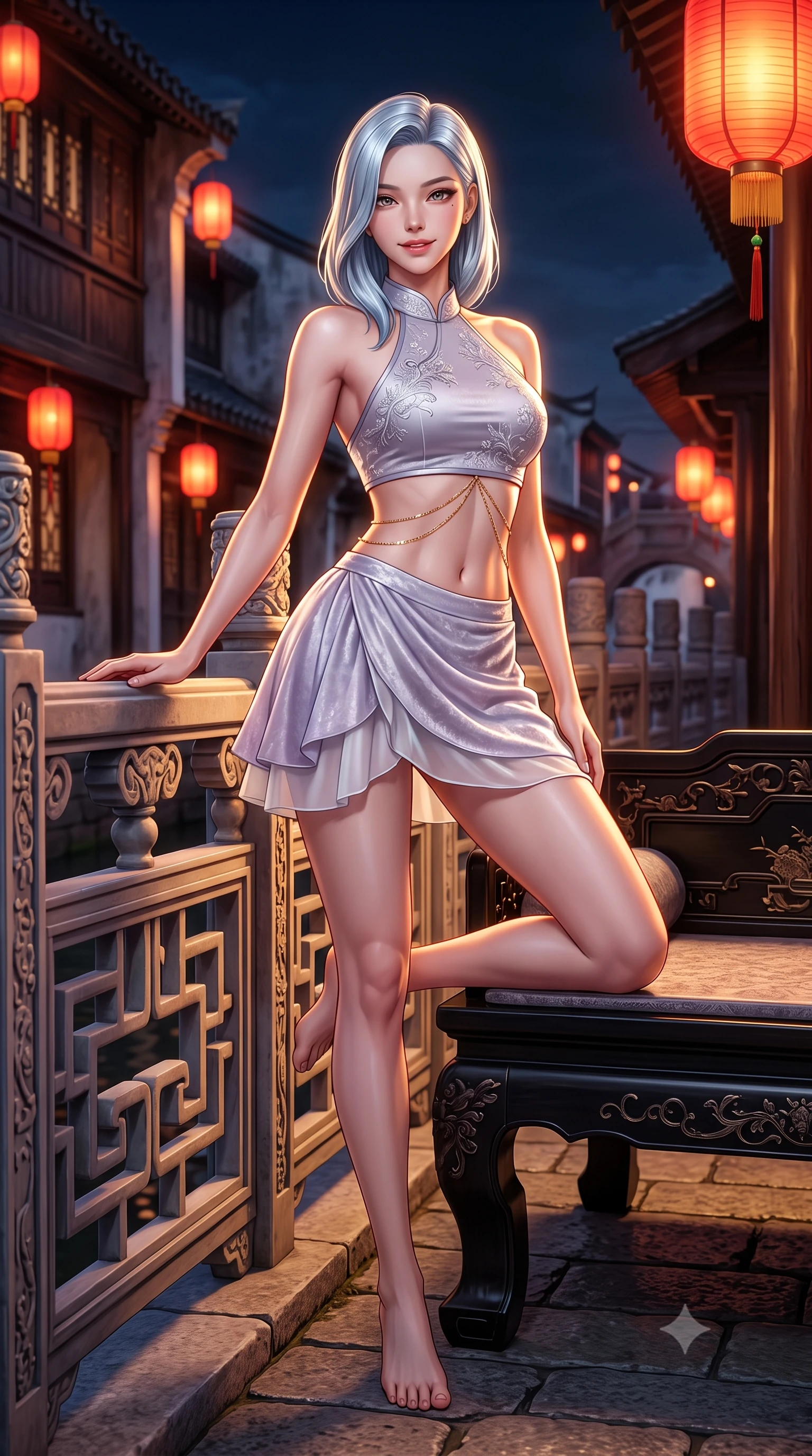 score_9, masterpiece, best quality, ultra-detailed, high-budget anime keyframe, semi-realistic 3D game render, editorial fashion photography, tasteful artistic composition, Korean woman. low angle full-body shot from head to toe showing her feet, filling the entire 9:16 vertical frame with her statuesque presence, stretching her vertical silhouette. standing in a tall, confident posture with one hand on the carved palace railing, stretching her statuesque body as she arches her lower back to emphasize her sculpted feminine hips and slender waist while lounging in an antique black lacquer daybed with one knee drawn up, her modern high-slit cheongsam displaying her long slender legs. The surrounding environment is rendered in vivid detail and crisp panoramic clarity: detailed silk satin weave, glowing lantern highlights on skin, and historic Chinese water village architecture in high resolution. She has an absolutely perfect, statuesque 8.5-heads proportion, an exceptionally tall and slender model-like female figure with impossibly long slender legs, an ultra-slim waist, a flat toned midriff, narrow delicate ribcage, and beautifully sculpted feminine hips creating a graceful, slim hourglass silhouette without any bulky heaviness. sharp v-shaped jawline, high-bridge nose, intricate jewel-like dark sparkling almond eyes with depth, thick lashes, glossy parted lips with a natural rose-plum sheen, bright alluring and coquettish smile with bedroom-eyes, exuding both timeless oriental elegance and sovereign high-fashion allure, flawlessly proportioned anatomical accuracy, strict slender model proportions, natural body alignment, perfectly sculpted long slender limbs, ultra-slim waistline, clean dynamic posture without body distortion. wearing a modern halter-neck fusion hanbok bodice with delicate silver embroidery and a fluttering layered chiffon wrap mini skirt in frosted lilac mist and pearlescent alabaster, crafted from sumptuous crushed winter velvet with deep light-absorbing plushness, accented with a delicate gold body chain draping loosely across her flat midriff, the high-waisted wrap tailoring accentuating her ultra-slim waistline and the enchanting curve of her feminine hips with alluring oriental charm. illuminated by red lantern glow and sharp amber-gold rim lights defining her sculpted collarbones, ultra-slim waist, and curvy hips. highly saturated vibrant anime colors, detailed shading with soft gradients, rich glossy textures, high-contrast stereoscopic depth, volumetric dynamic lighting, master piece, 9:16 ratio