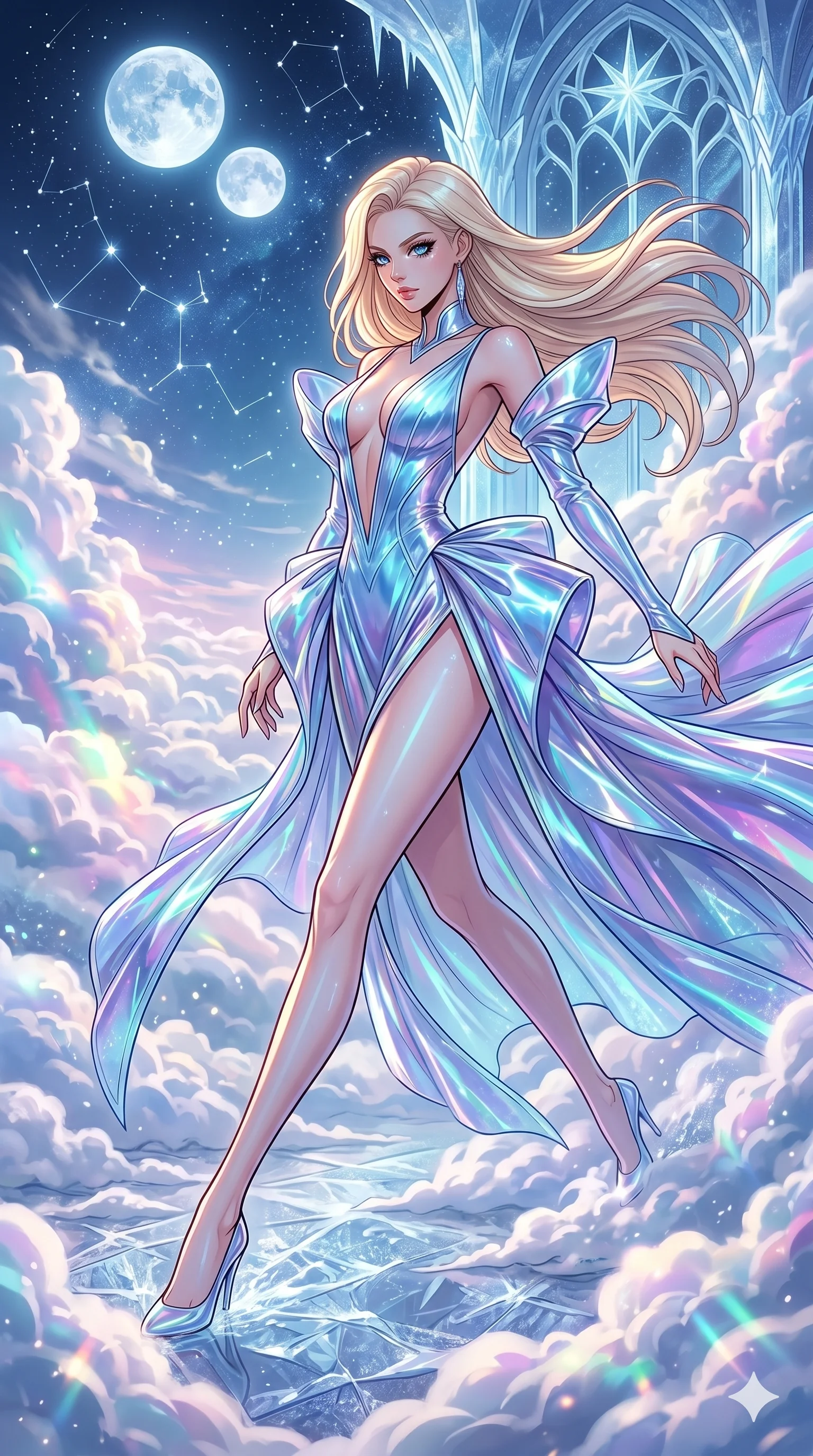 score_9, masterpiece, best quality, ultra-detailed, high-budget anime movie keyframe, cinematic anime lighting, intricate line art, Korean anime girl. Dynamic full-body shot stretching the vertical silhouette across the 9:16 frame. navigating a sea of clouds in a frozen starlight ballroom under a twin-moon sky. She has an absolutely perfect 8-heads proportion, an exceptionally tall and slender female figure with an ultra-slim waist and impossibly long slender legs. sharp v-shaped jawline, high-bridge nose, intricate jewel-like eyes, thick eyelashes, glossy lips. Wearing avant-garde high-fashion gown made of iridescent vinyl with a dangerously high side slit and a plunging neckline, revealing an ultra-slim waist and long slender legs. The scene is illuminated by dramatic atmospheric lighting and vibrant color palettes. 2k, ultra detail, master piece, 9:16 ratio