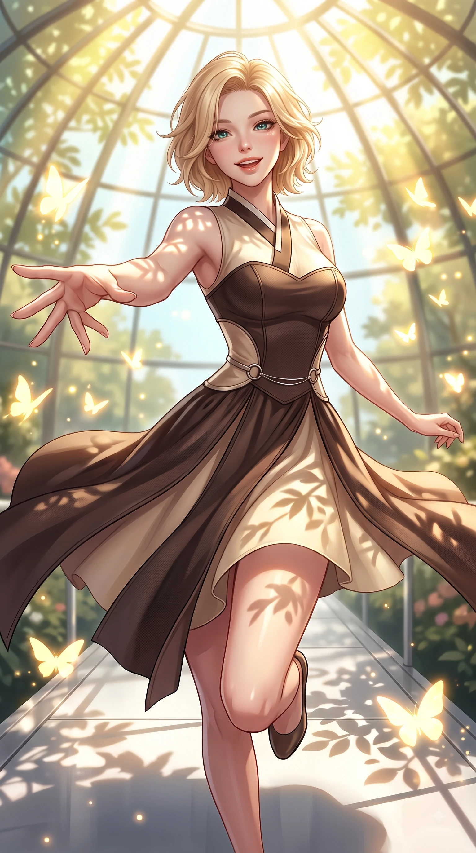 score_9, masterpiece, best quality, ultra-detailed, high-budget anime keyframe, editorial fashion photography, tasteful artistic composition, Caucasian woman. close-up cowboy shot from the waist and thighs up, the character dominates the composition, filling the frame with her large presence, background elements kept in soft focus. Enchanting happy smile, her eyes twinkling like jewels in the bright sunlight as one arm reaches out playfully while leaping playfully across a platinum walkway in a sunlit glass dome filled with glowing butterflies, intense volumetric sunbeams filtering through the glass dome ceiling in bright golden rays. She has an exceptionally elegant, slender, and willowy female figure with an ultra-slim waist, a gracefully sculpted slender torso, and a refined silhouette. sharp v-shaped jawline, high-bridge nose, intricate jewel-like eyes with depth, thick eyelashes, glossy lips with a natural sheen, flawlessly proportioned anatomical accuracy, natural body alignment, perfectly sculpted elegant limbs, clean dynamic posture without body distortion. wearing a modern fusion silk hanbok dress with a structured bodice and flowing skirt in espresso brown and warm cream, made of fine carbon-fiber weave and soft matte leather, accented with delicate chrome ring hardware framing her waist, the form-contouring material highlighting her ultra-slim waist and long lines. illuminated by brilliant sunbeams casting cheerful organic leaf stencil shadows. highly saturated vibrant anime colors, detailed shading with soft gradients, rich glossy textures, high-contrast stereoscopic depth, volumetric dynamic lighting, master piece, 9:16 ratio