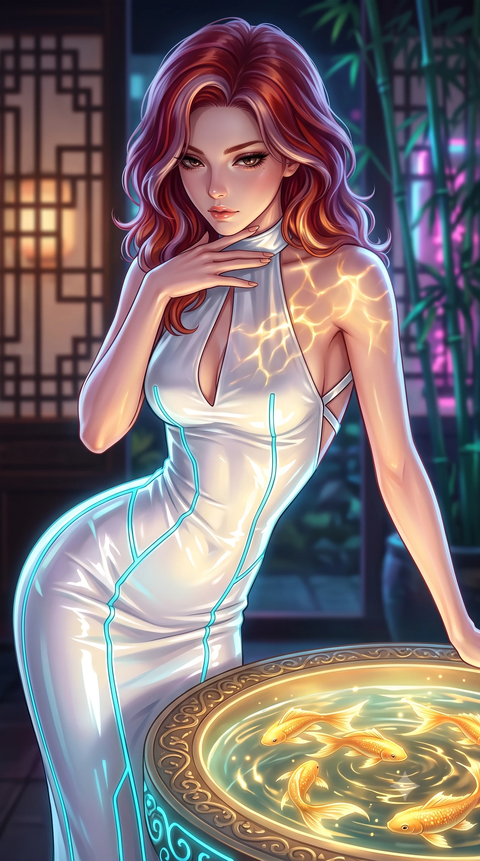 score_9, masterpiece, best quality, ultra-detailed, high-budget anime keyframe, semi-realistic 3D game render, editorial fashion photography, tasteful artistic composition, Caucasian woman. close-up cowboy shot from the waist and thighs up, the character dominates the composition, filling the frame with her large presence. resting her fingers lightly against her throat while looking down with a smoldering, haughty yet intensely captivating glance while leaning over a glowing water basin as golden digital fish ripple light across her clavicle and chest. The composition keeps background elements in soft focus with creamy bokeh. traditional lattice screens and neon-lit garden bamboo softened by shallow depth of field. She has an exceptionally elegant, slender, and willowy female figure with an ultra-slim waist, a gracefully sculpted slender torso, and a refined silhouette. sharp v-shaped jawline, high-bridge nose, intricate jewel-like eyes with depth, thick eyelashes, glossy lips with a natural sheen, flawlessly proportioned anatomical accuracy, natural body alignment, perfectly sculpted elegant limbs, clean dynamic posture without body distortion. wearing a velvet halter-neck midi dress fitting her statuesque contour flawlessly with a Tasteful chest slit and open spine in pure snow white latex and glowing cyan circuit seams, formed from high-gloss patent material with specular light reflections, complemented by criss-cross back straps highlighting her completely bare spine, the glove-like fit tightly following every curve of her statuesque athletic build. surrounded by an intimate, exotic, and captivatingly sensual oriental cyber atmosphere. highly saturated vibrant anime colors, detailed shading with soft gradients, rich glossy textures, high-contrast stereoscopic depth, volumetric dynamic lighting, master piece, 9:16 ratio