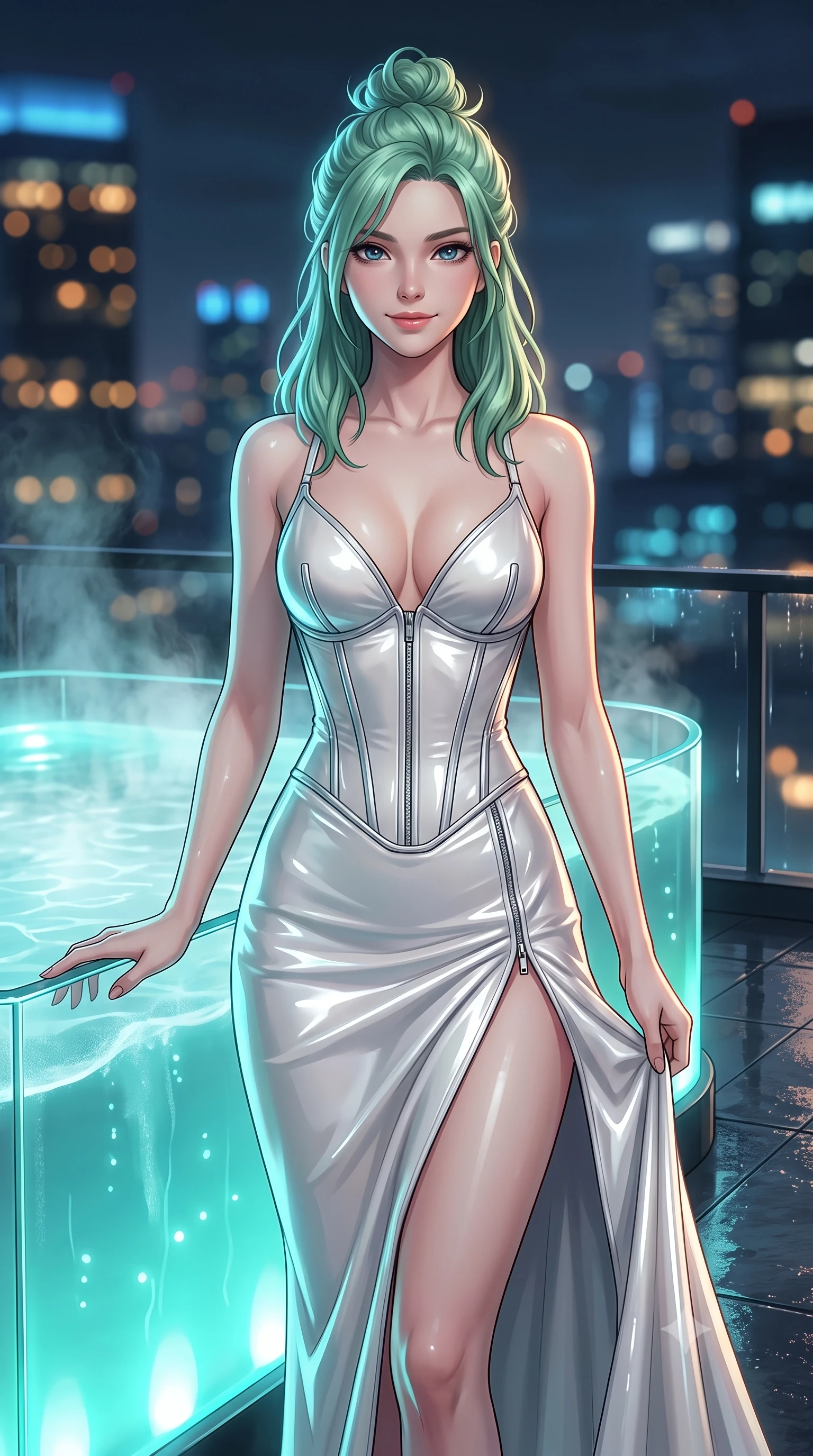 score_9, masterpiece, best quality, ultra-detailed, high-budget anime keyframe, editorial fashion photography, tasteful artistic composition, Japanese woman. close-up cowboy shot from the waist and thighs up, the character dominates the composition, filling the frame with her large presence, background elements kept in soft focus. Smiling with quiet, magnetic self-assurance directly into the camera, standing on a rain-slicked penthouse rooftop terrace beside a steaming glass jacuzzi, distant skyscraper lights forming soft amber and blue bokeh in the background. She has an exceptionally elegant, slender, and willowy female figure with an ultra-slim waist, a gracefully sculpted slender torso, and a refined silhouette. sharp v-shaped jawline, high-bridge nose, intricate jewel-like eyes with depth, thick eyelashes, glossy lips with a natural sheen. wearing low-cut gothic structured bodice gown with high leg slit in pearl white, made of high-gloss liquid vinyl, finished with metallic silver boning and sleek zipper points, highlighting her statuesque proportions and ultra-slim waistline. illuminated by glowing aqua LED jacuzzi lights and distant city skyglow. highly saturated vibrant anime colors, detailed shading with soft gradients, rich glossy textures, high-contrast stereoscopic depth, volumetric dynamic lighting, master piece, 9:16 ratio