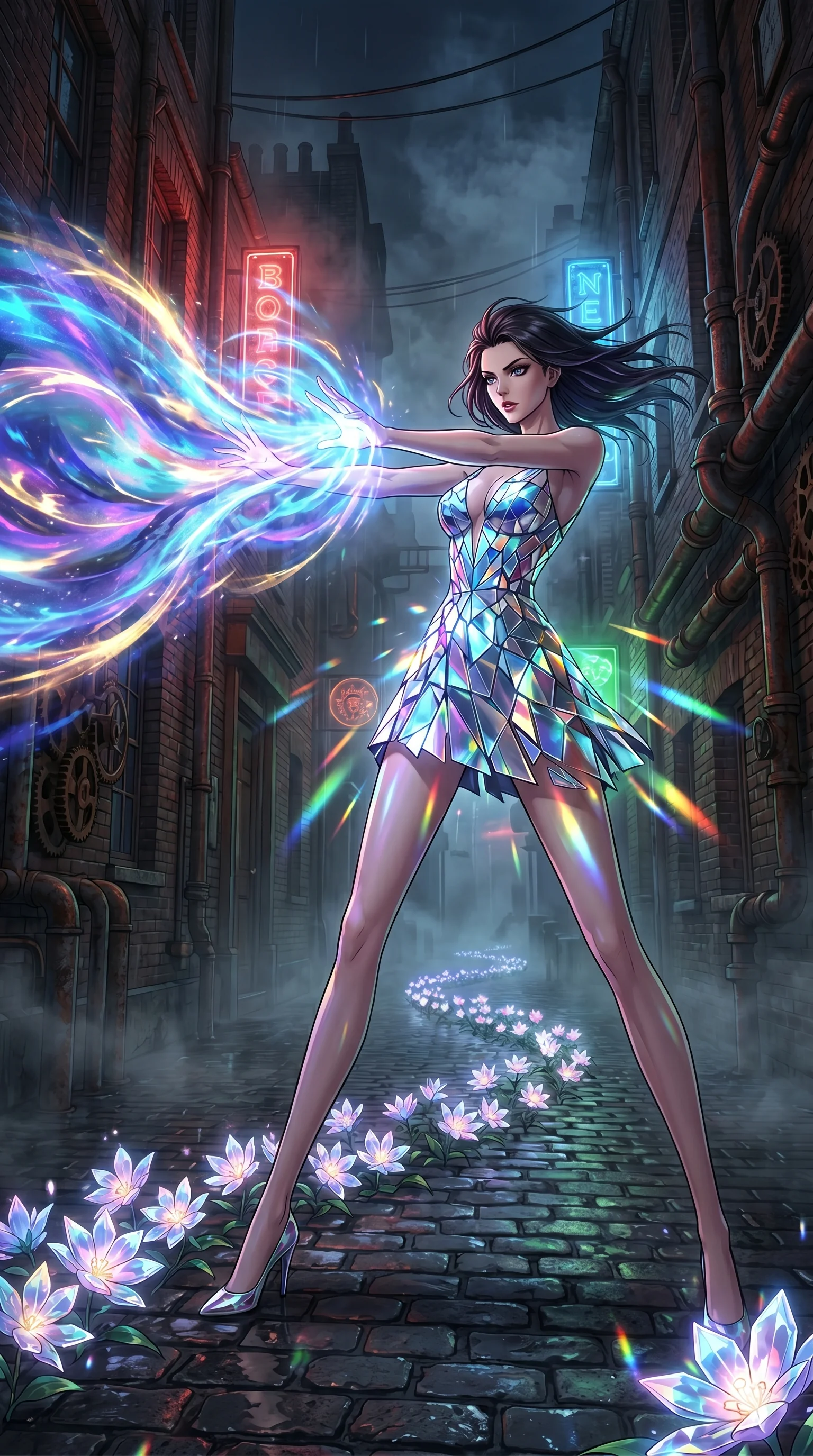 score_9, masterpiece, best quality, ultra-detailed, Set A: High-budget Anime Keyframe, Caucasian (human ears) woman. Low angle cowboy shot filling the entire 9:16 frame with her statuesque presence. Theme: Urban Decay. unleashing a massive energy wave in a steampunk London alleyway, while she leaves a trail of 66 blooming crystal flowers. The atmosphere is filled with heavy smog with neon flares. She has an absolutely perfect 8-heads proportion, an exceptionally tall and slender female figure with impossibly long slender legs and an ultra-slim waist. Sharp v-shaped jawline, high-bridge nose, intricate jewel-like eyes with depth, glossy lips. Wearing Fragmented mirror-glass dress that creates a prismatic lighting effect around her. Cinematic lighting, vivid colors, dramatic shadows, 2k, ultra detail, master piece, 9:16 ratio