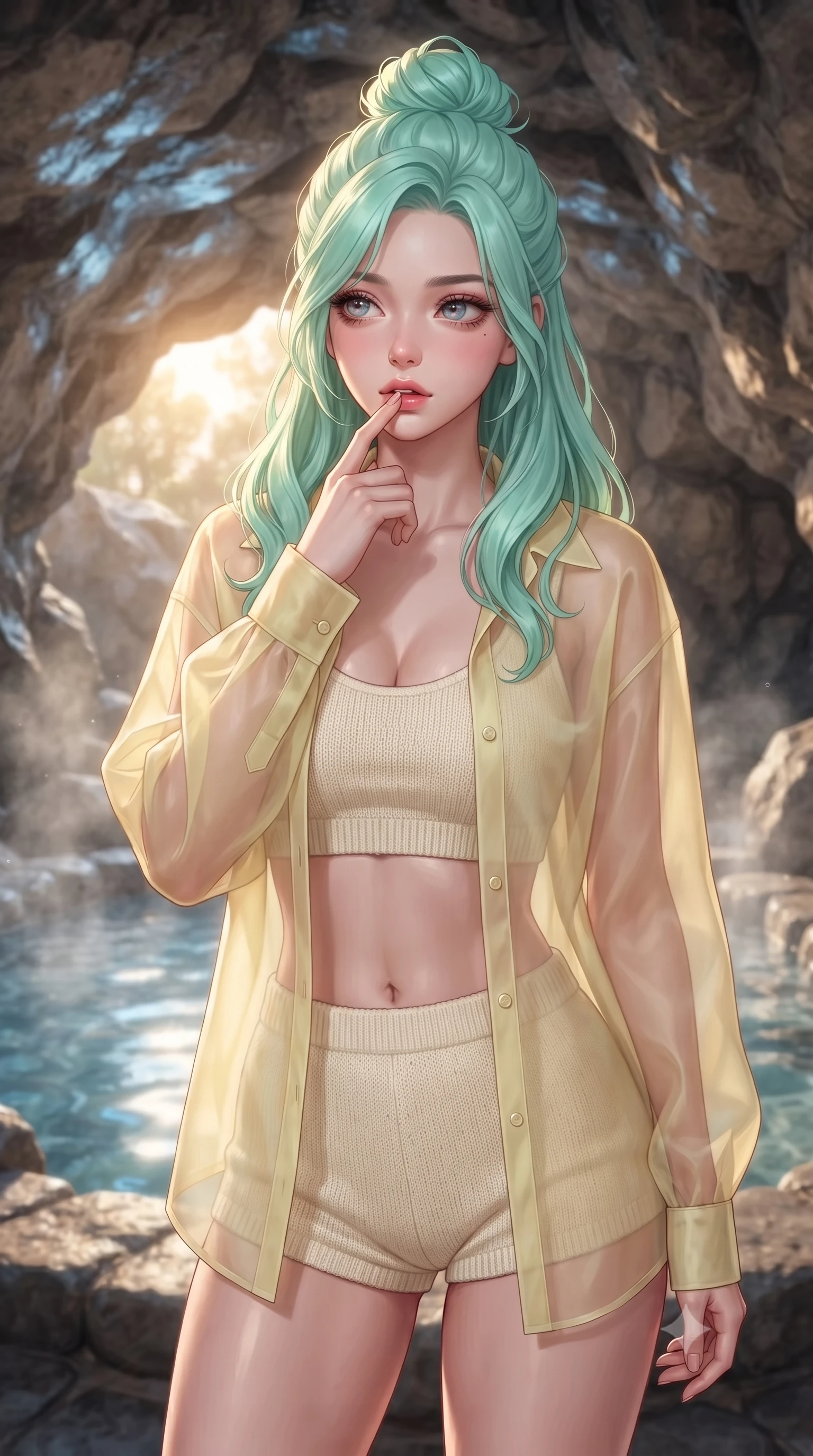 score_9, masterpiece, best quality, ultra-detailed, high-budget anime keyframe, editorial fashion photography, tasteful artistic composition, Japanese woman woman. close-up cowboy shot from the waist and thighs up, the character dominates the composition, filling the frame with her large presence, background elements kept in soft focus. pressing one finger to her bottom lip in a thoughtful, seductive gesture under the warm sun the background shows a soft-focus a private stone bath pool built inside a natural rock cave with clear mineral water. She has an exceptionally elegant, slender, and willowy female figure with an ultra-slim waist, a gracefully sculpted slender torso, and a refined silhouette. sharp v-shaped jawline, high-bridge nose, intricate jewel-like eyes with depth, thick eyelashes, glossy lips with a natural sheen. wearing a form-contouring sheer organza shirt in pale yellow worn open over a knit crop top and micro-shorts. soft blue light reflecting from the pool water onto the rocky cave ceiling. ultra-reflective glossy finish, specular highlights, metallic sheen, high-contrast stereoscopic depth, volumetric dynamic lighting, 2k, ultra detail, master piece, 9:16 ratio