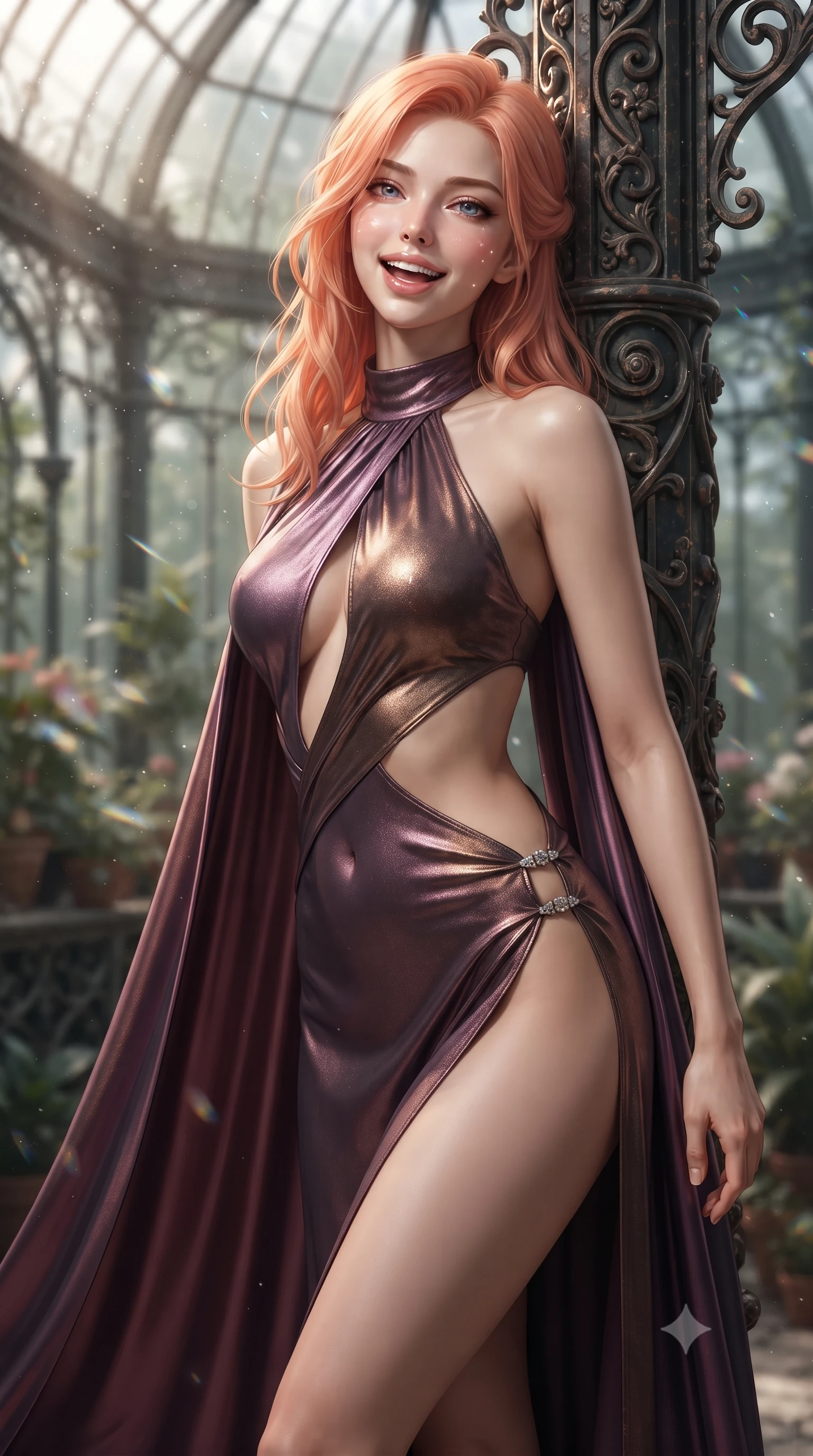 score_9, masterpiece, best quality, ultra-detailed, high-budget anime keyframe, editorial fashion photography, tasteful artistic composition, Japanese woman. close-up cowboy shot from the waist and thighs up, the character dominates the composition, filling the frame with her large presence. laughing softly with enchanting, forbidden warmth, parted lips glistening as specular highlights illuminate her sculpted cheeks while leaning back against an ornate wrought-iron conservatory pillar, head tilted in ecstasy with parted glossy lips. The composition keeps background elements in soft focus with creamy bokeh. shimmering lunar prism refractions and floating dust motes scattering velvet light across the glasshouse. She has an exceptionally elegant, slender, and willowy female figure with an ultra-slim waist, a gracefully sculpted slender torso, toned flat midriff, and a refined slim silhouette. sharp v-shaped jawline, high-bridge nose, intricate jewel-like eyes with depth, thick eyelashes, glossy parted lips with a natural sheen, intensely captivating and seductive expression, flawlessly proportioned anatomical accuracy, strict slender model proportions, natural body alignment, perfectly sculpted long slender limbs, ultra-slim waistline, clean dynamic posture without body distortion. wearing a gothic siren halter-neck dress with dramatic diagonal torso cutouts and a trailing floor-length silk cape in dusky plum violet and antique bronze, crafted from luxurious metallic lamé that shifts radiance with every step, finished with an ultra-high side slit secured by miniature jeweled clasps, the form-contouring material adhering flawlessly to her sculpted flat midriff and slender torso, emphasizing her long leg lines and perfectly proportioned willowy build. illuminated by dramatic chiaroscuro key light sharply carving her slender waist, bare collarbones, and jawline. ultra-reflective glossy finish, specular highlights, rich textural contrasts, high-contrast stereoscopic depth, volumetric dynamic lighting, 2k, ultra detail, master piece, 9:16 ratio
