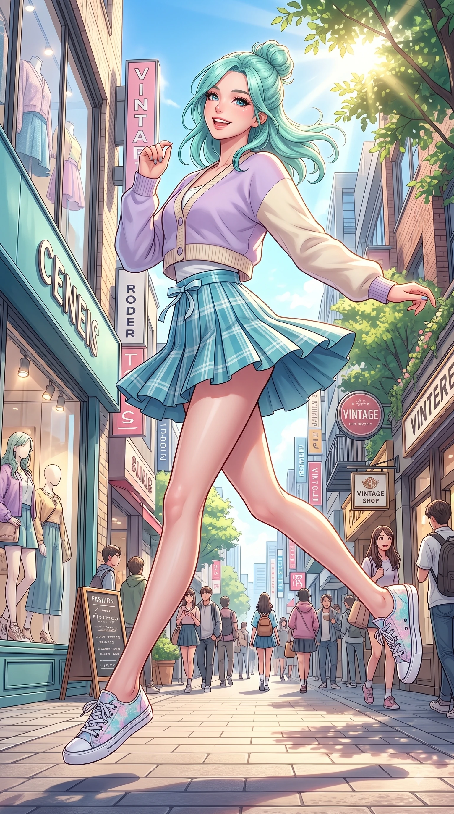 score_9, masterpiece, best quality, ultra-detailed, high-budget anime keyframe, editorial fashion photography, tasteful artistic composition, Japanese woman. low angle full-body shot from head to toe showing her feet, filling the entire 9:16 vertical frame with her statuesque presence, stretching her vertical silhouette. leaping with pure youthful energy through the scene with a radiant bright smile, her long slender legs balanced gracefully while pivoting in a stylish stride under bright sunbeams on a bustling college town fashion avenue. The surrounding environment is rendered in vivid detail and crisp panoramic clarity. intricate fashion window displays, trendy signage, and urban street textures in deep focus. She has an absolutely perfect, statuesque 8.5-heads proportion, an exceptionally tall and slender model-like female figure with impossibly long slender legs and an ultra-slim waist. sharp v-shaped jawline, high-bridge nose, intricate jewel-like eyes with depth, thick eyelashes, glossy lips with a natural sheen, flawlessly proportioned anatomical accuracy, natural body alignment, perfectly sculpted elegant limbs, clean dynamic posture without body distortion. wearing a chic cropped pastel cardigan with a high-waisted pleated tennis skirt in ocean turquoise and sea-salt white, made of comfortable premium stretch denim and soft jersey, accented with a dainty waist ribbon bow, the soft airy drape swaying gracefully with her dynamic movements. surrounded by a trendy, youthful, and energetic fashion street aura. highly saturated vibrant anime colors, detailed shading with soft gradients, rich glossy textures, high-contrast stereoscopic depth, volumetric dynamic lighting, master piece, 9:16 ratio